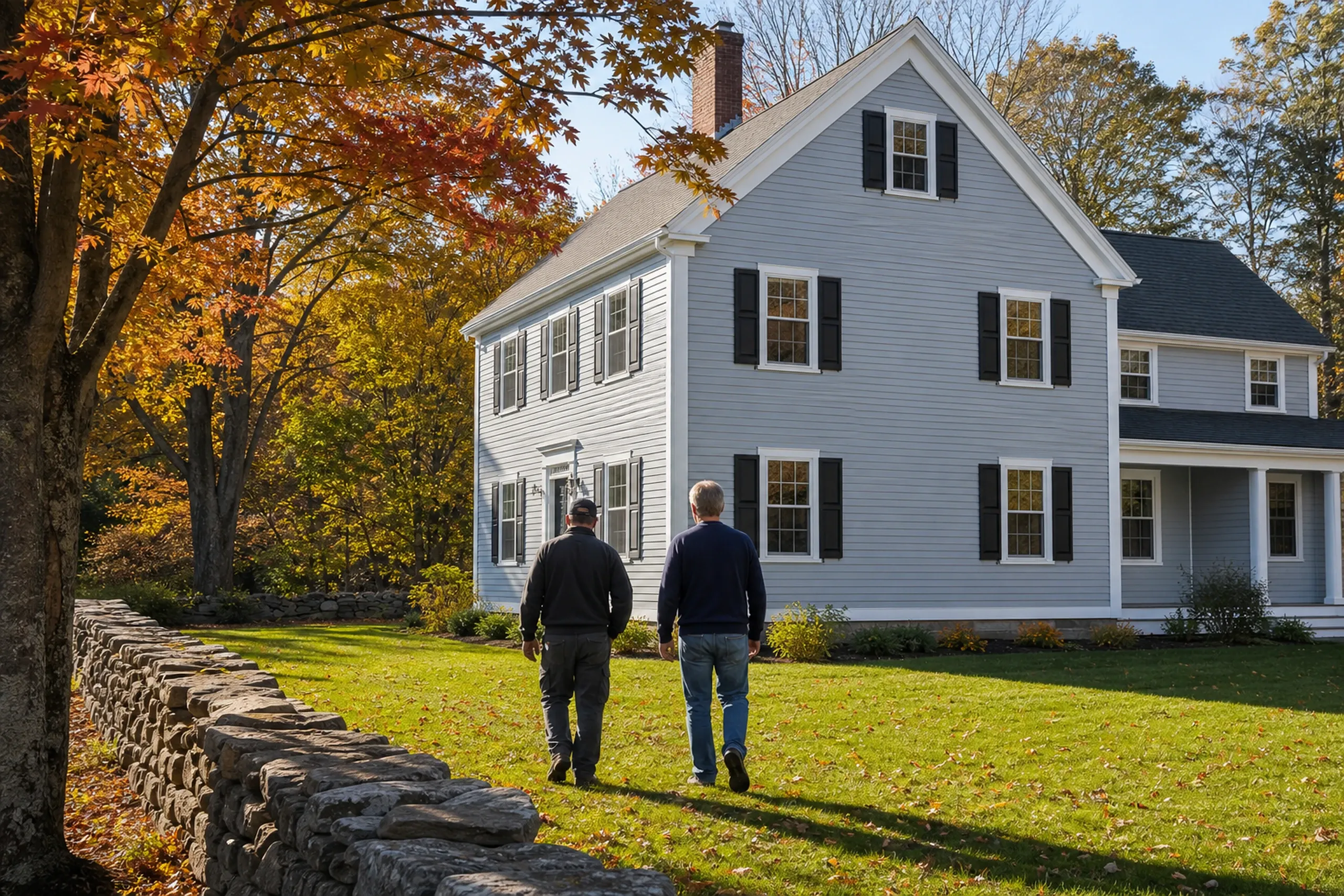 Freeport final walkaround at the re-sided farmhouse: two people, a siding installer and a homeowner, seen from behind, walk across the lawn to the re-sided farmhouse, new pale blue-gray fiber cement lap siding with white trim, wide corner boards and black shutters, a stone wall and maples in crisp early-autumn light.