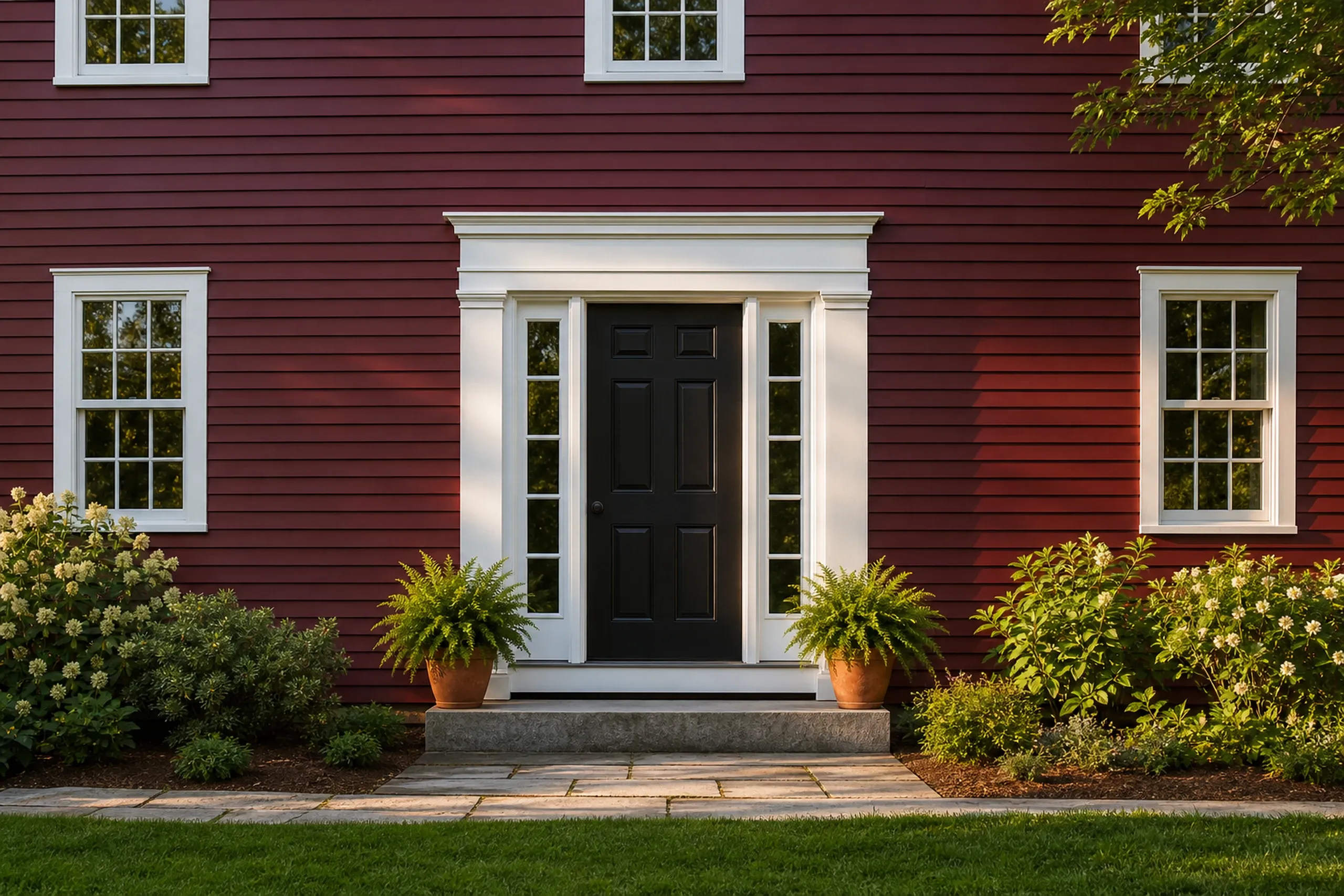 Freeport front entry on a re-sided colonial: vertical front-entry view of a re-sided Freeport colonial in deep barn-red LP lap siding, white trim and a wide white door surround, a black paneled door with sidelights, one granite step and a pair of potted ferns, warm late-afternoon summer light.
