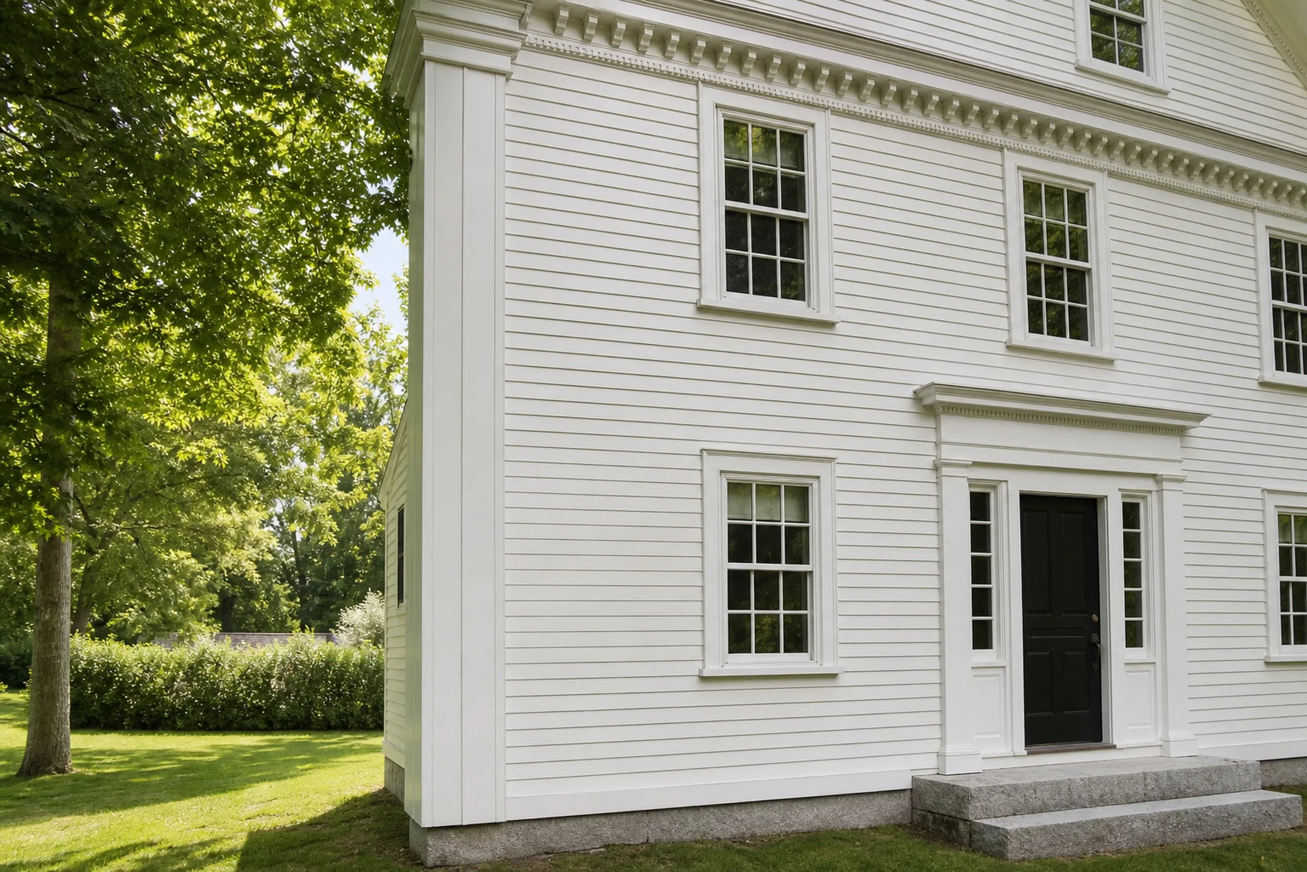Gorham, ME village home: a repaired run of painted white clapboards blended into the old wall beside an original corner board and cornice on a Federal-style house, new boards matching the old reveal, summer