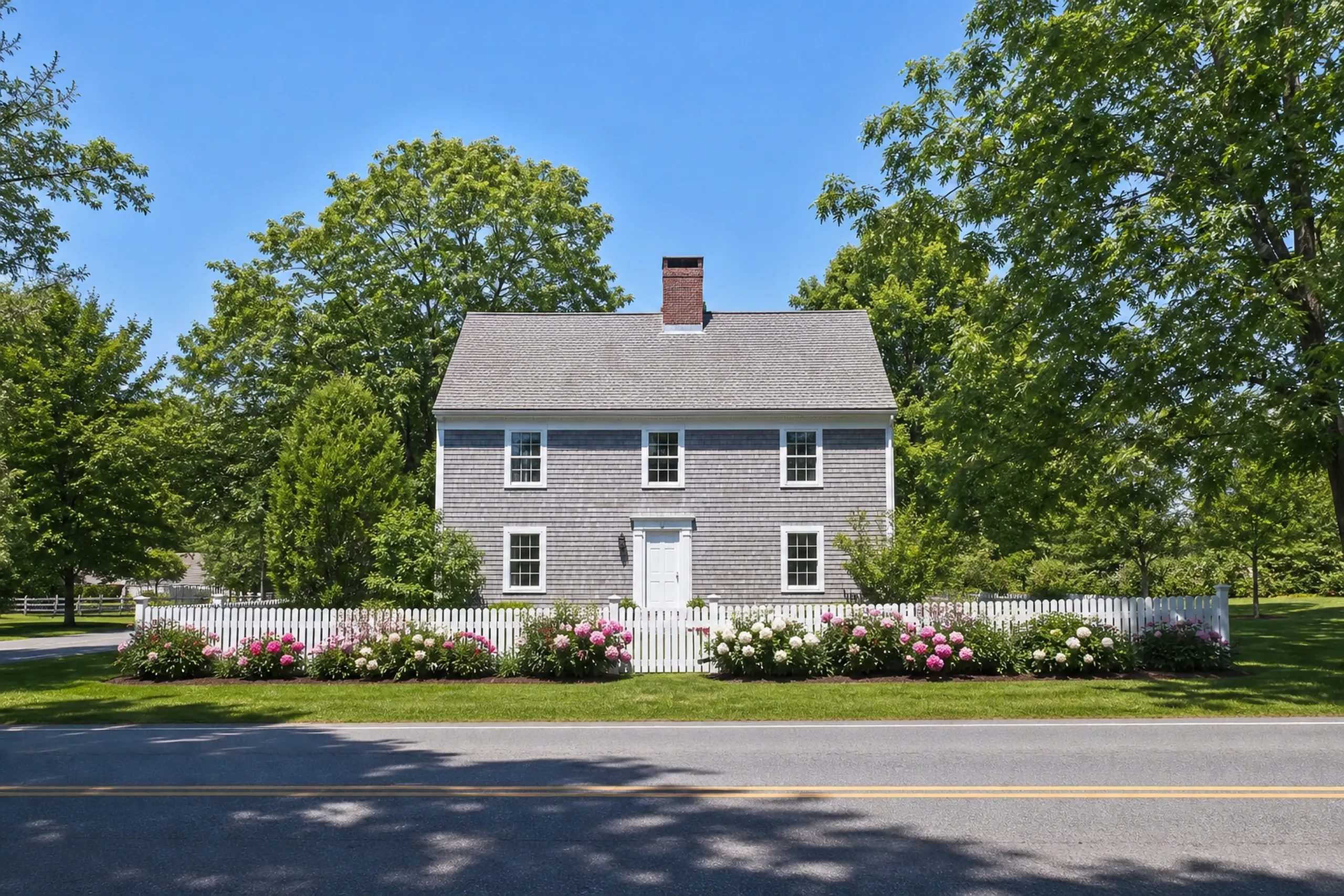 Gorham re-sided village cape in early summer: a re-sided Cape Cod house on a tree-lined Gorham village street, cedar shingles weathered to soft gray with white corner boards and window trim, a picket fence and peonies in bloom, bright early-summer afternoon light.