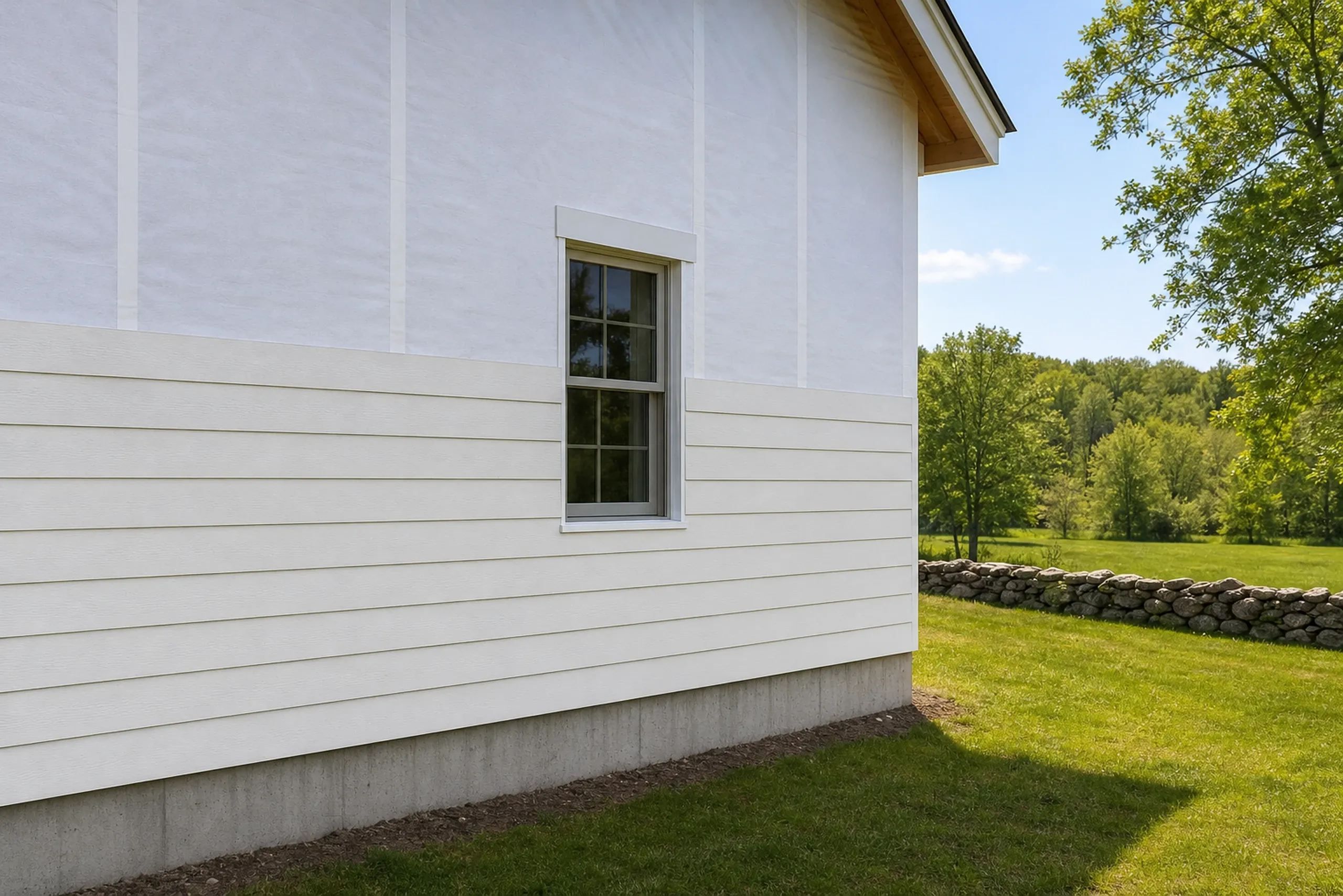 Gorham, ME farmhouse ell: LP lap boards painted warm white going up over taped plain housewrap, a freshly flashed window head on the open section, pasture and a stone wall beyond, late spring