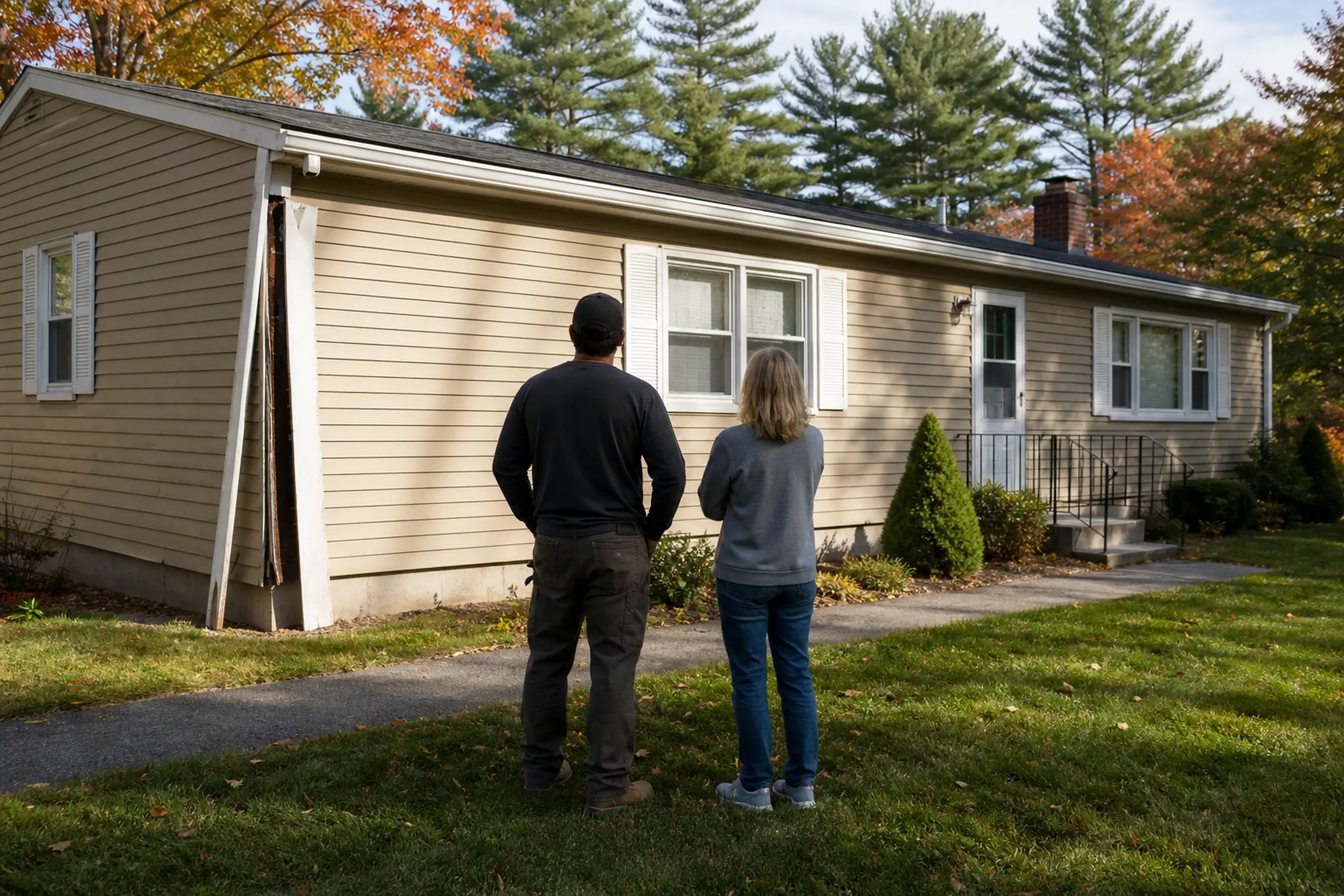 Gorham first visit at a ranch with faded vinyl: two people, a siding installer and a homeowner, seen from behind, stand on the lawn facing a one-story ranch where the tan vinyl lap siding has faded chalky and one corner post has cracked and pulled away, crisp early-autumn light.
