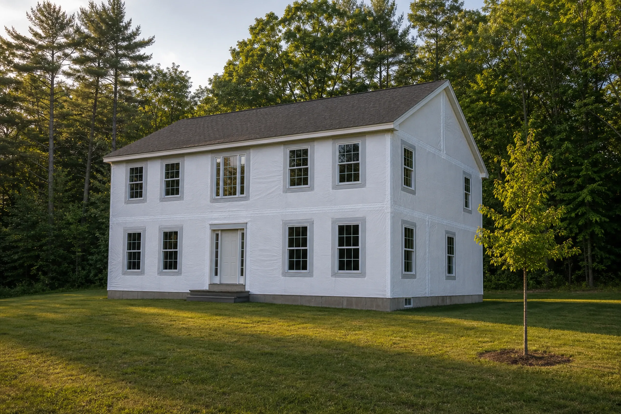 Gorham housewrap and window flashing stage on a colonial: the front wall of a 1990s colonial at the housewrap and window flashing stage, in-progress, with plain white housewrap smooth across the wall, flashing membrane lapped around each window opening, a young maple and wooded lot behind, warm late-afternoon summer light.