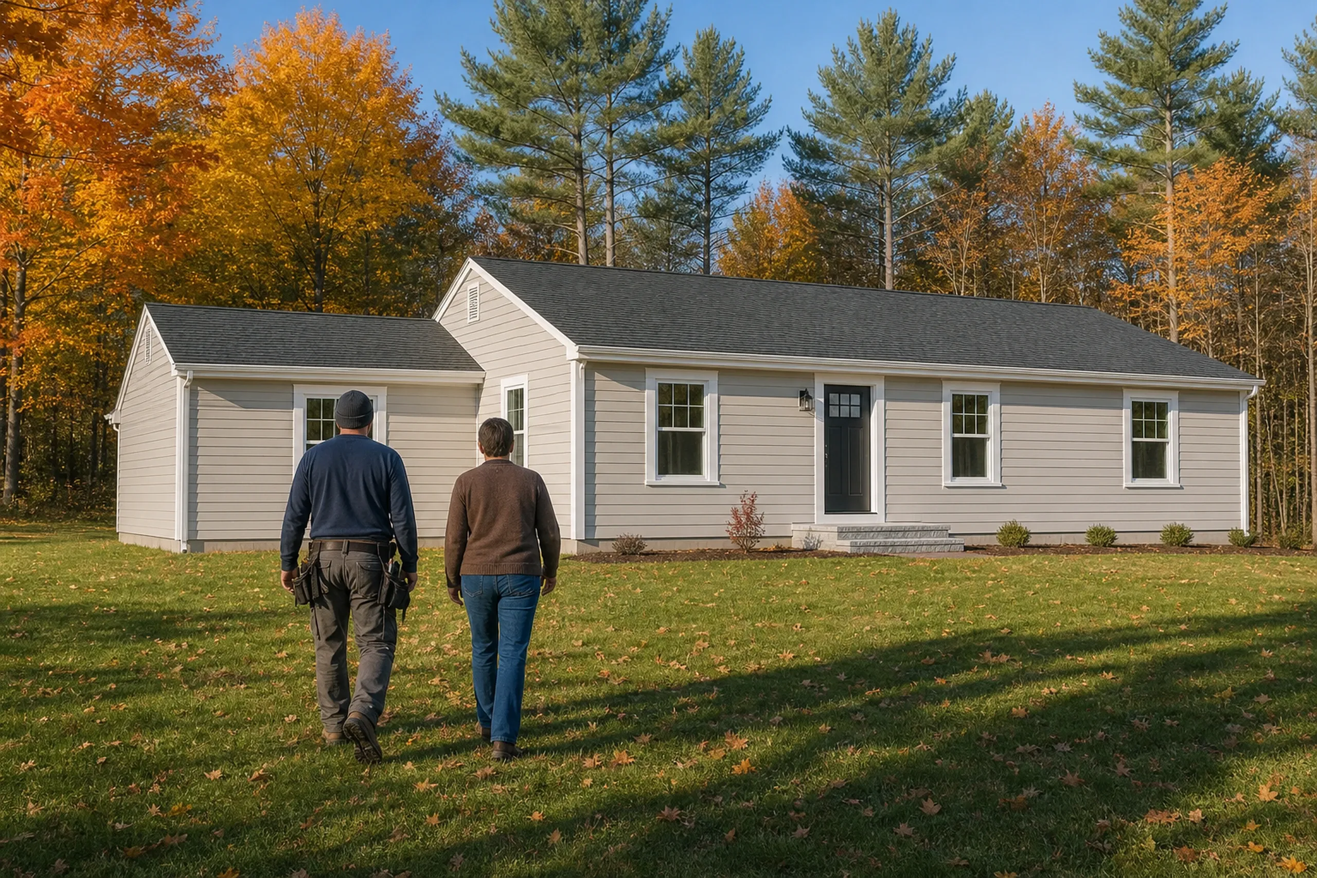 Gorham final walkaround at the re-sided ranch: two people, a siding installer and a homeowner, seen from behind, walk across the lawn toward the re-sided ranch, new light putty fiber cement lap siding with crisp white corner boards and window trim and a black front door, cool clear October morning light.