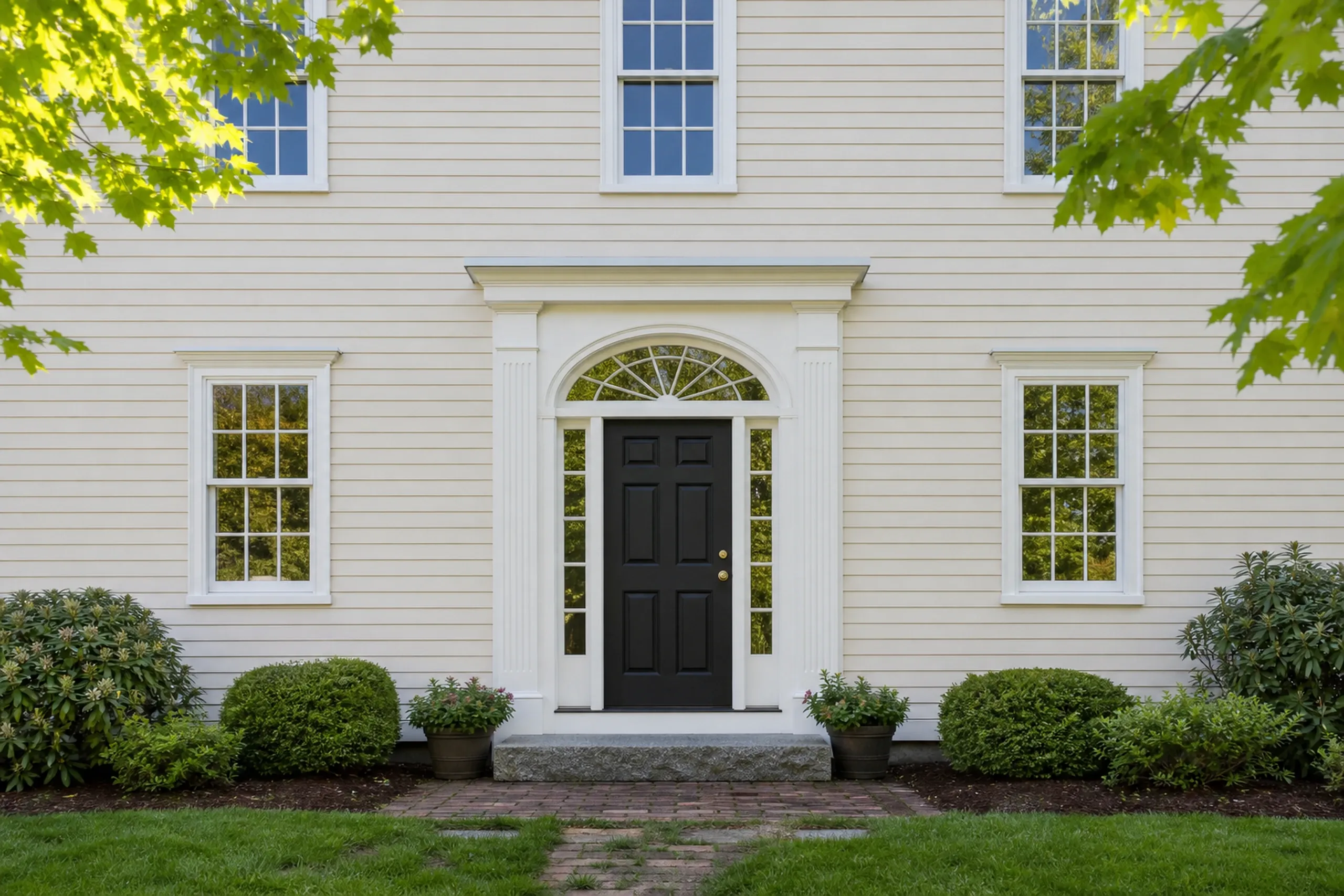 Gorham front entry on a re-sided Federal house: vertical front-entry view of a re-sided Federal-style house in Gorham village, ivory painted LP lap siding, a black paneled door with a fanlight and sidelights, white trim and a granite step, clear late-spring morning light.