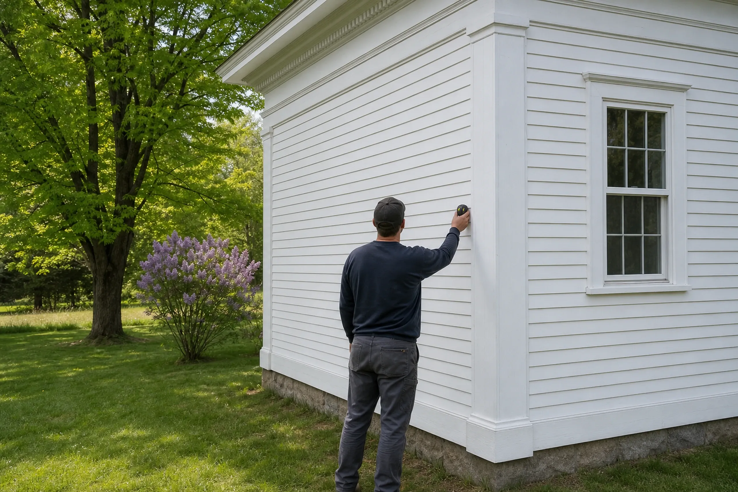 Gorham, ME village house: one installer seen from behind measuring the clapboard reveal beside an original white corner board on a Greek Revival house, late spring light