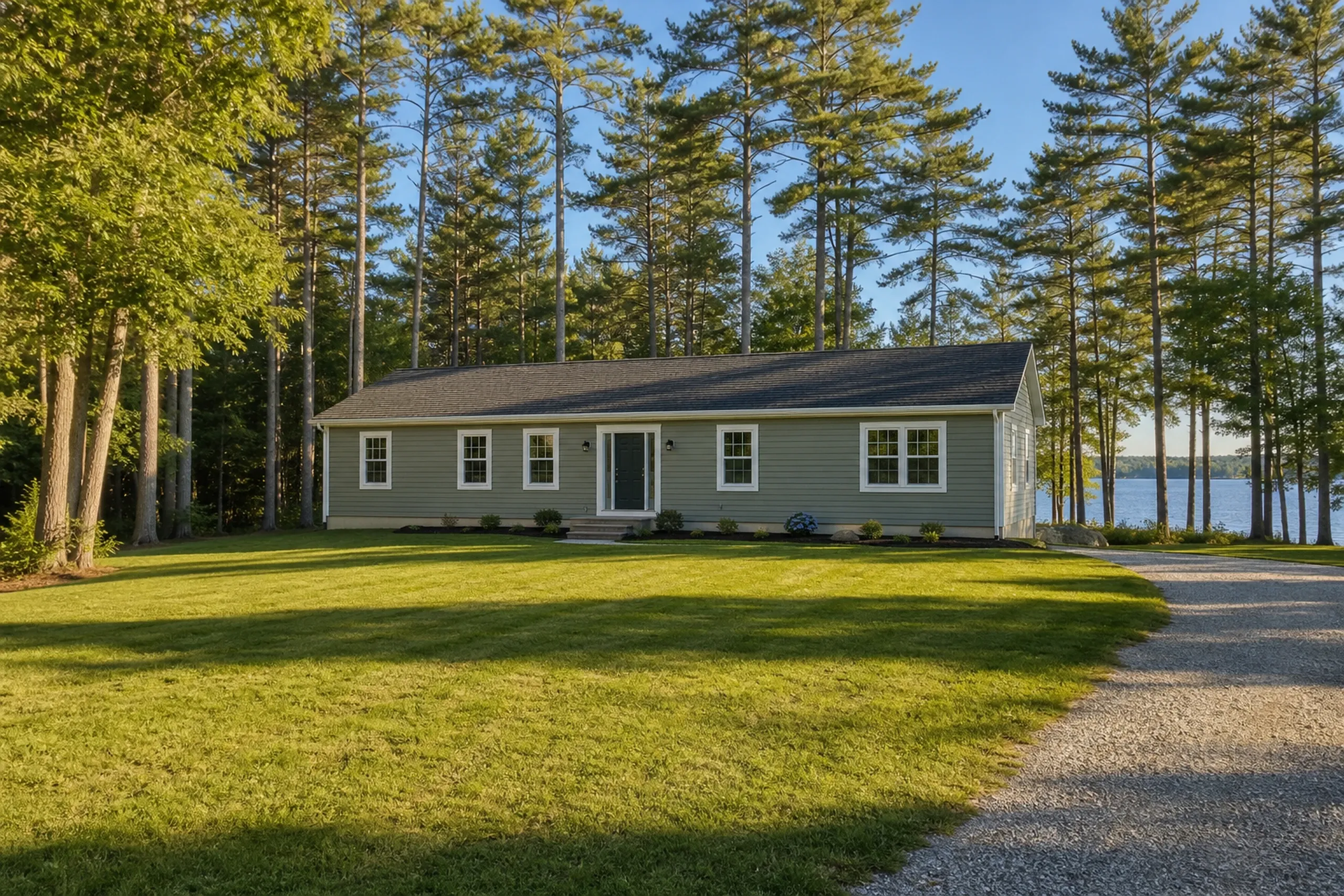 Gray re-sided ranch near a lake in summer: a re-sided ranch on a pine lot near a lake road, fiber cement lap siding painted muted green-gray with white trim, a glimpse of blue water through the trees and a mown lawn, warm late-afternoon summer light.