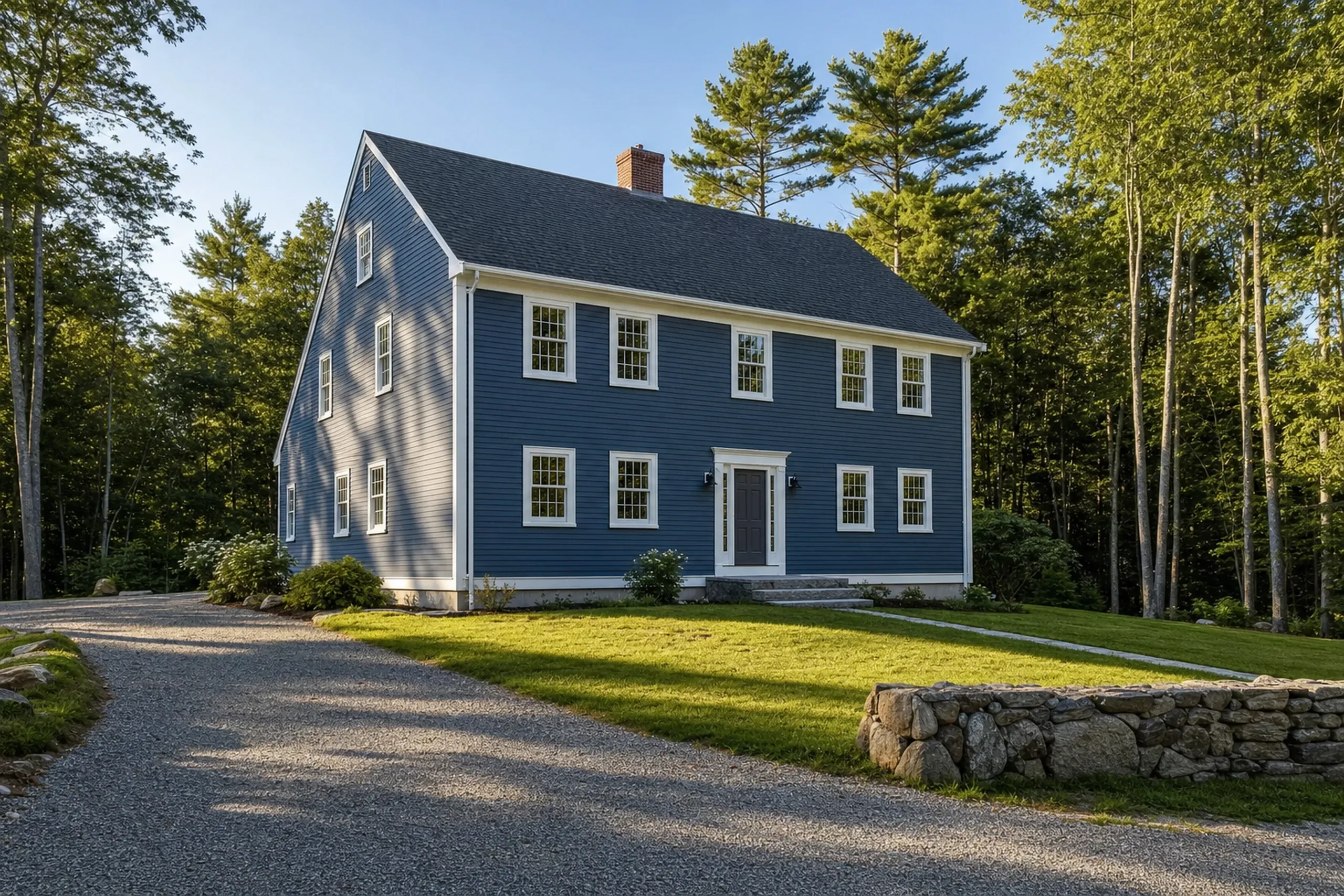 Siding installation in Gray, ME: two-story colonial-style home on a wooded rural lot with new slate blue vinyl lap siding, white corner boards and window trim, late summer.
