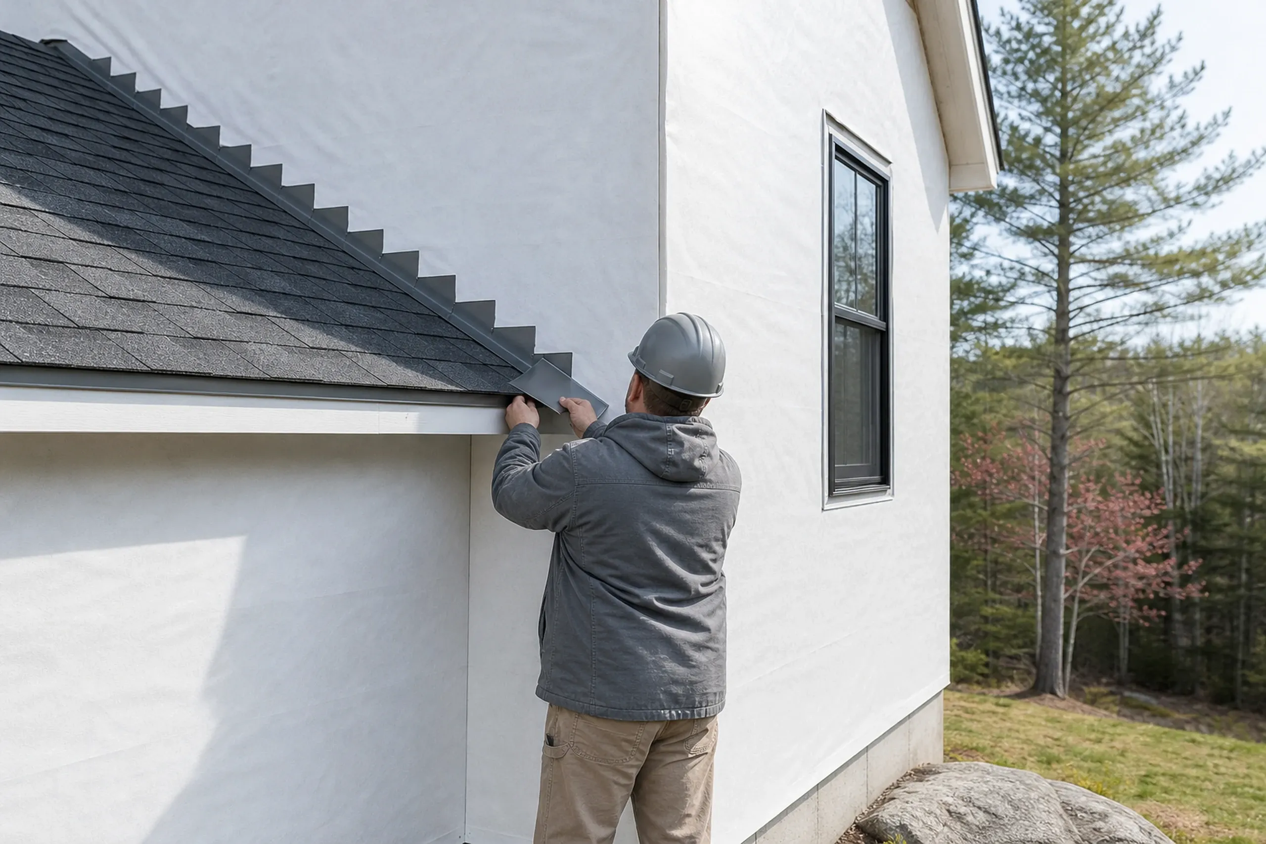 Gray, ME re-side in progress: one installer seen from behind fitting a metal kick-out flashing where a roof edge meets a housewrapped sidewall, spring.