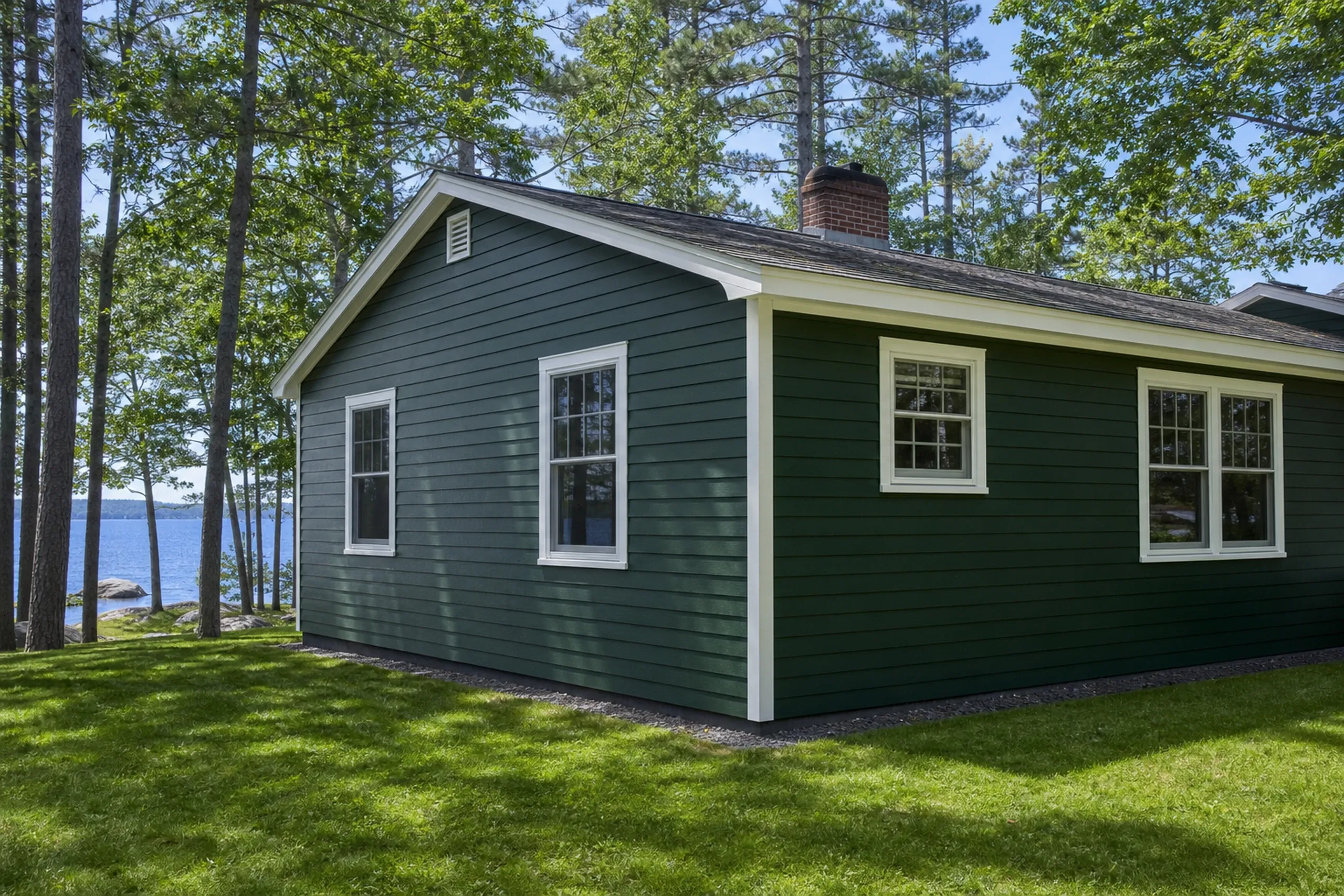 Gray, ME lake home: one-story house among pines near the water with painted dark green engineered wood lap siding and white trim, summer.
