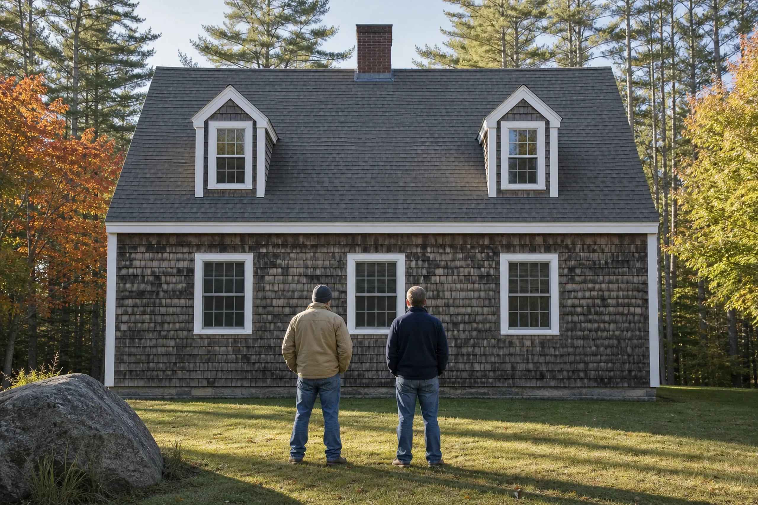 Gray first visit at a cape with cupped shingles: two people, a siding installer and a homeowner, seen from behind, stand at the edge of the lawn facing the front wall of a cape on a wooded lot where the cedar shingles have cupped and gone black in patches, cool clear October morning light.