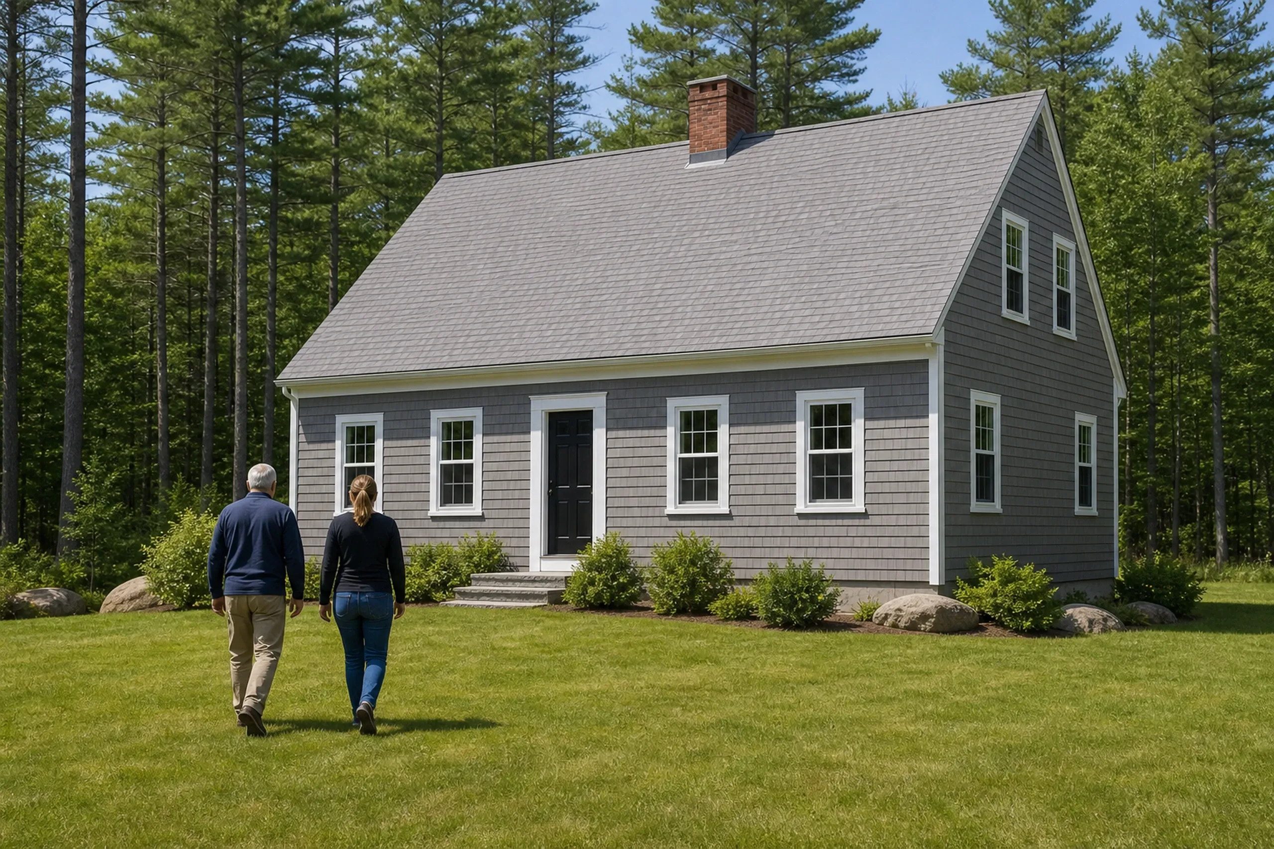 Gray final walkaround at the re-sided cape: two people, a siding installer and a homeowner, seen from behind, walk across the lawn toward the re-sided cape, new cedar shingles stained soft gray with white corner boards and window trim, tall pines behind, bright early-summer afternoon light.