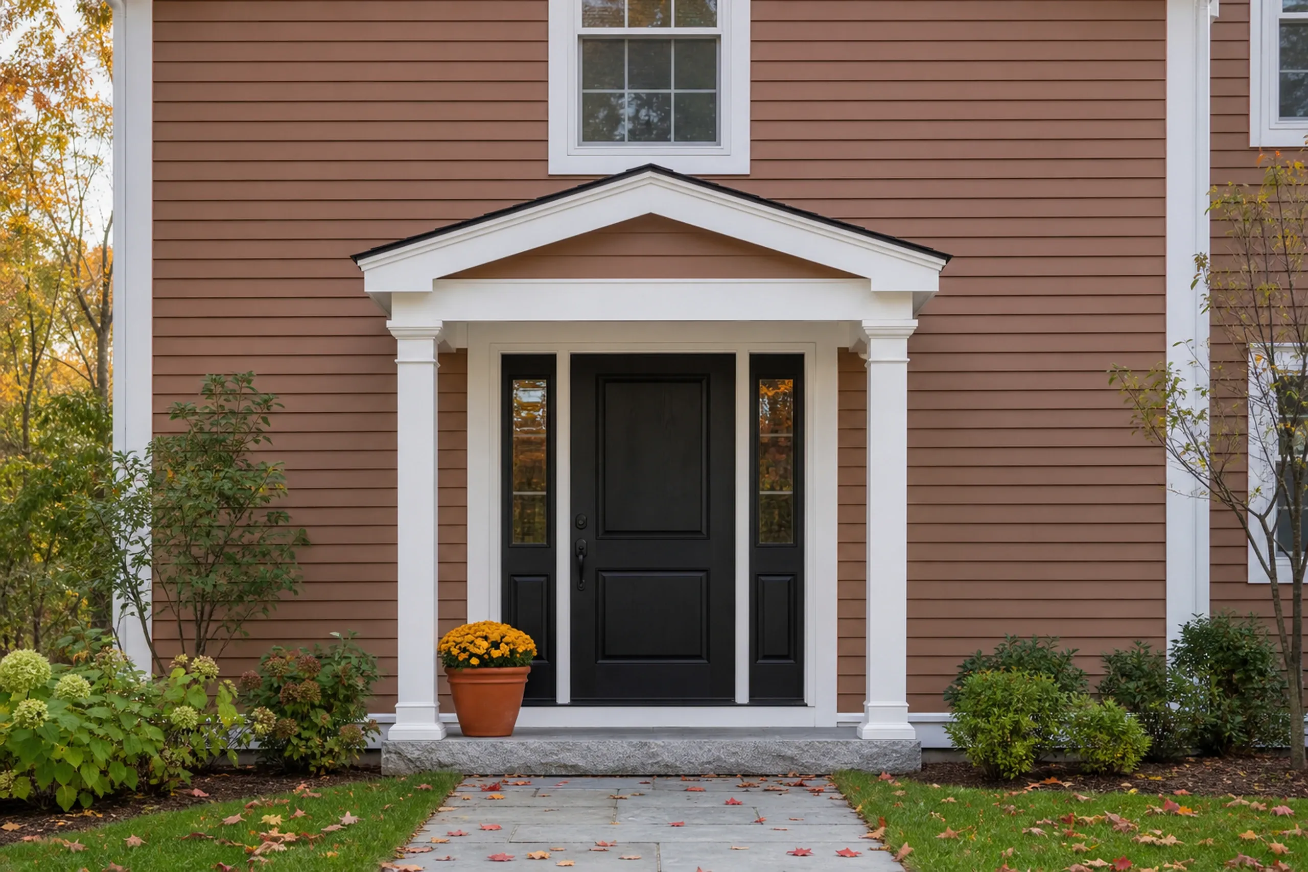 Gray front entry on a re-sided colonial: vertical front-entry view of a re-sided Gray colonial in warm clay vinyl lap siding, white corner boards and trim around a black paneled door with sidelights, one granite step and a pot of mums, crisp early-autumn light.