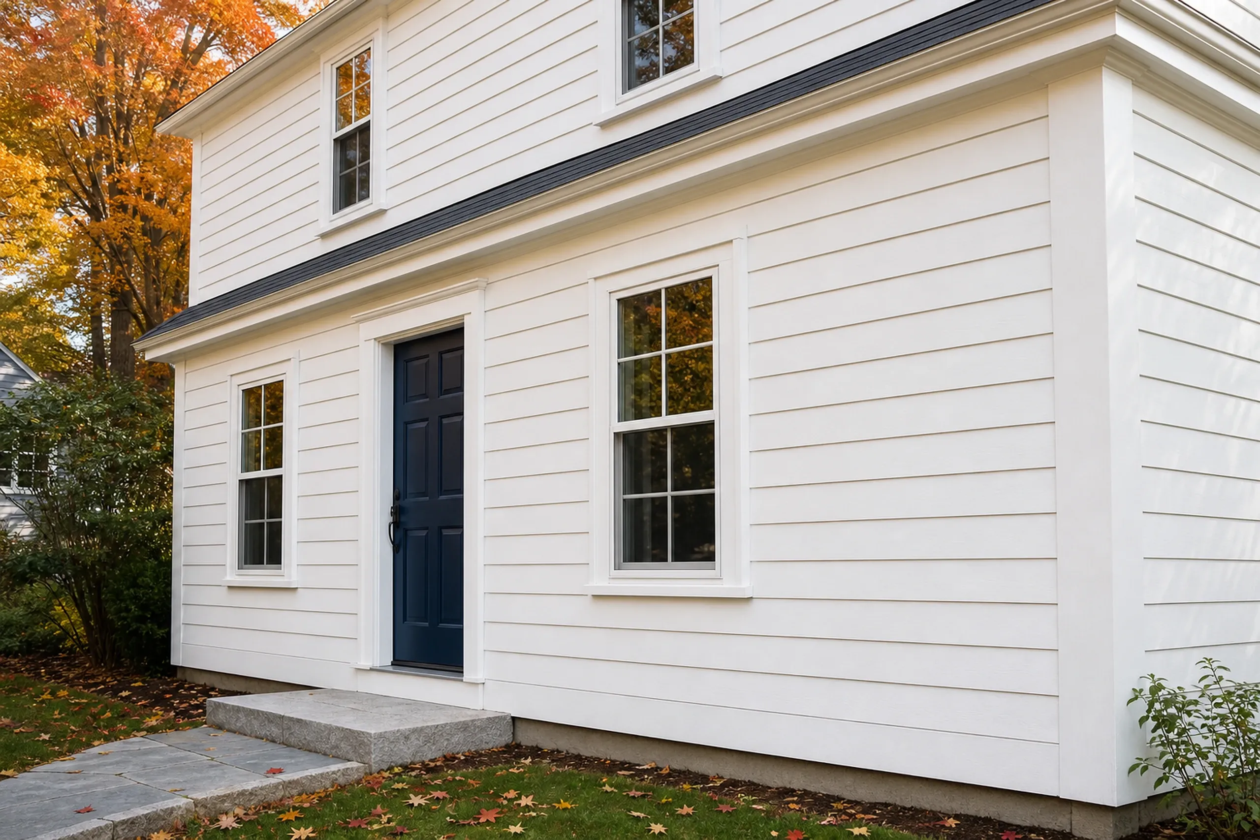 Gray Village house in Gray, ME: two-story home with white fiber cement lap siding, wide corner boards and crisp window casings, maples in autumn color.