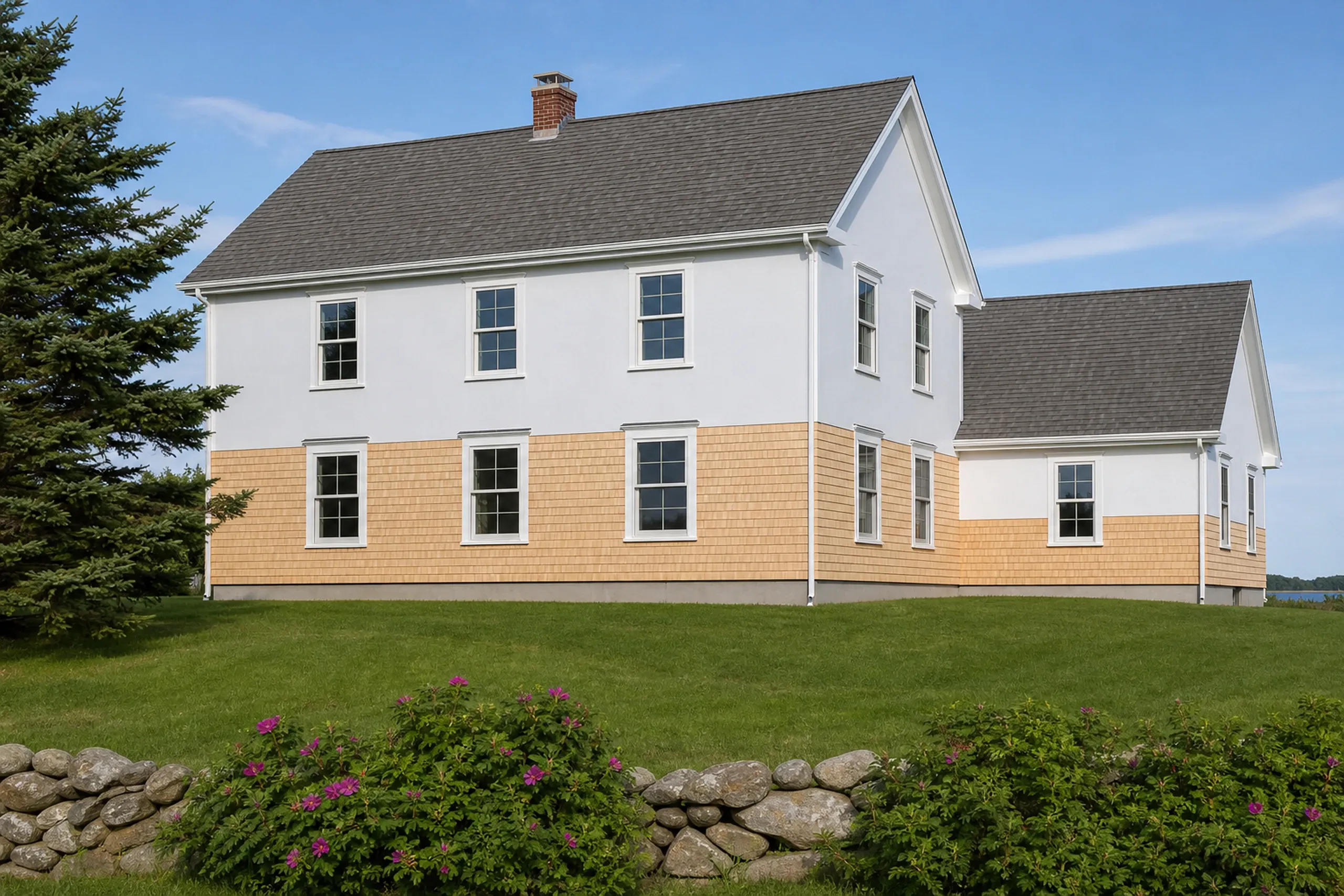 Kennebunk summer home being re-sided: new pale cedar shingle courses going up in straight rows over plain white housewrap with no printing, a flashed window head above, on a two-story wall in midsummer.