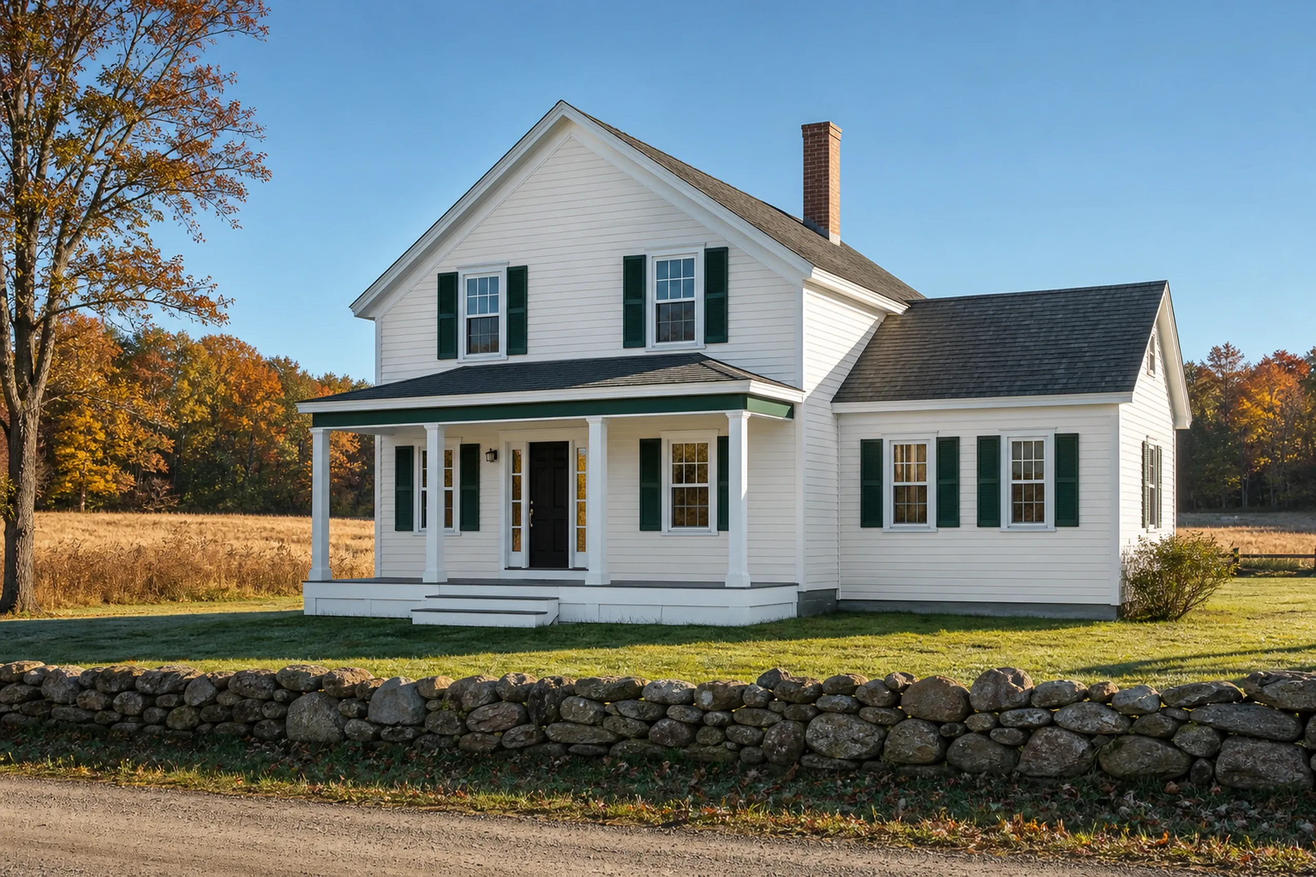 Kennebunk inland farmhouse after re-siding: A re-sided inland Kennebunk farmhouse in warm white vinyl lap siding with a black front door and green trim accents, a fieldstone wall along the lane and a hayfield turning gold behind it, cool clear October morning light.