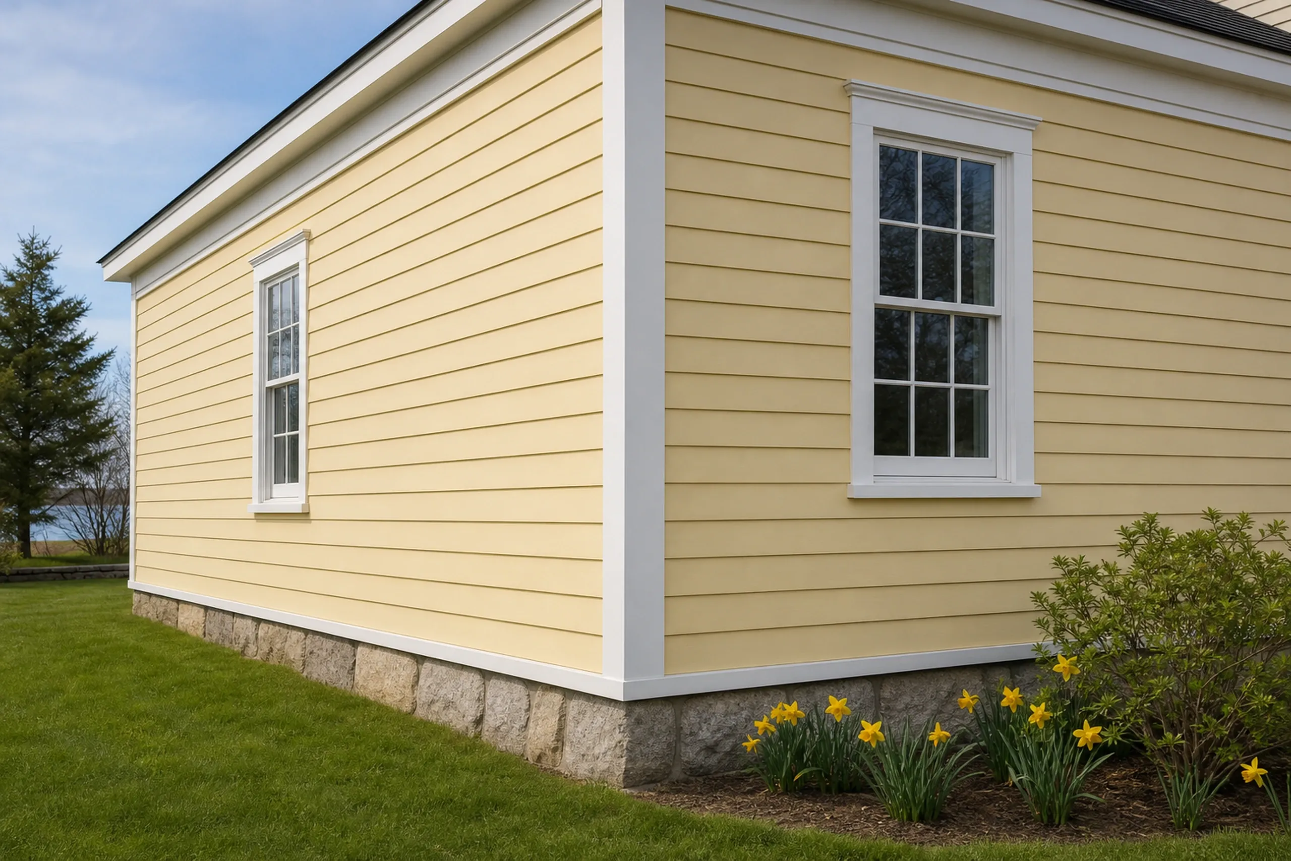 Older Kennebunk clapboard house in fiber cement: pale yellow painted fiber cement lap siding meeting a wide white corner board and a white window casing, a green lawn below, spring.