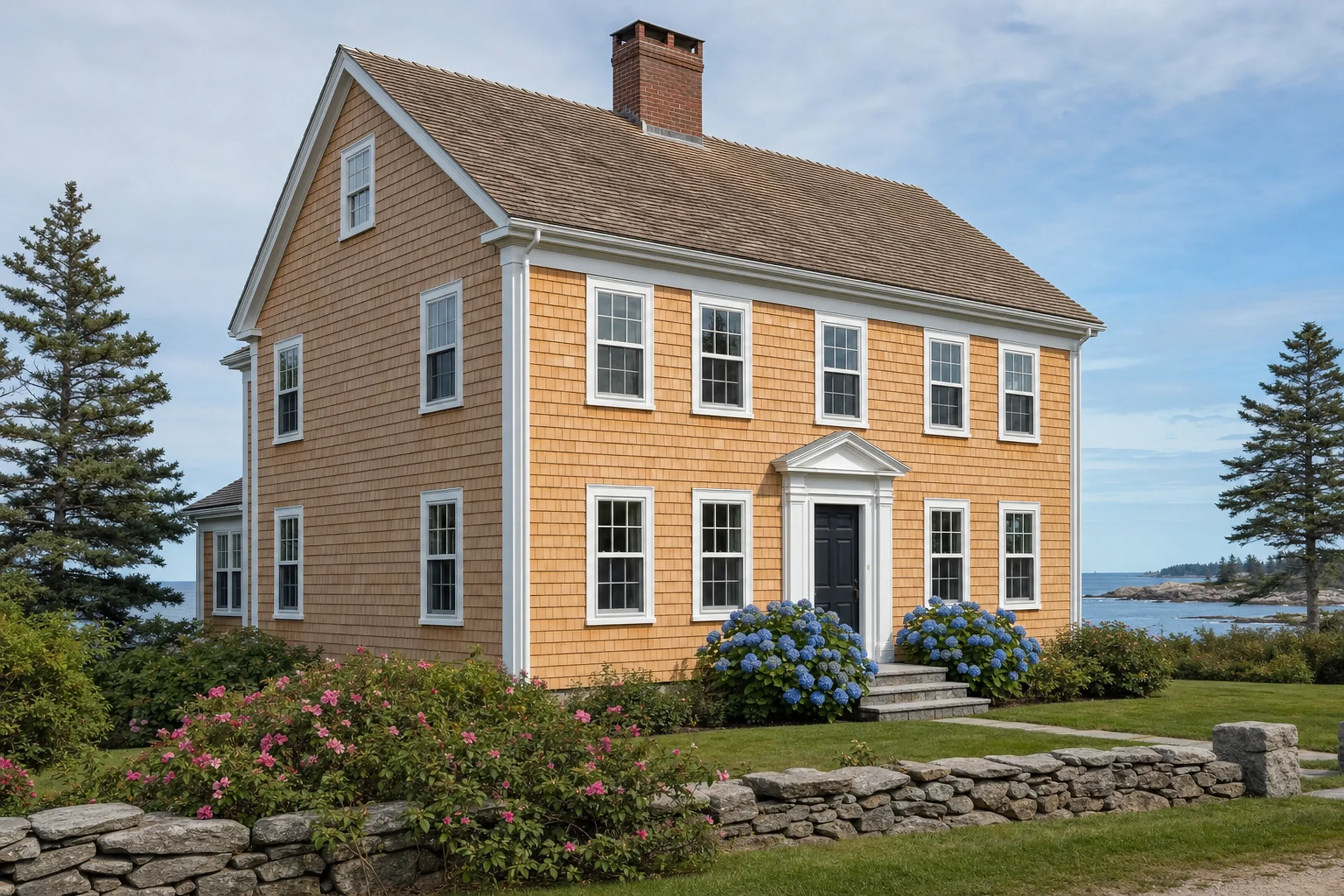 Siding installation in Kennebunk, ME: two-story Colonial Revival summer home with new natural cedar shingle siding, white window casings and corner boards, granite front steps and blue hydrangeas by the door in late summer.