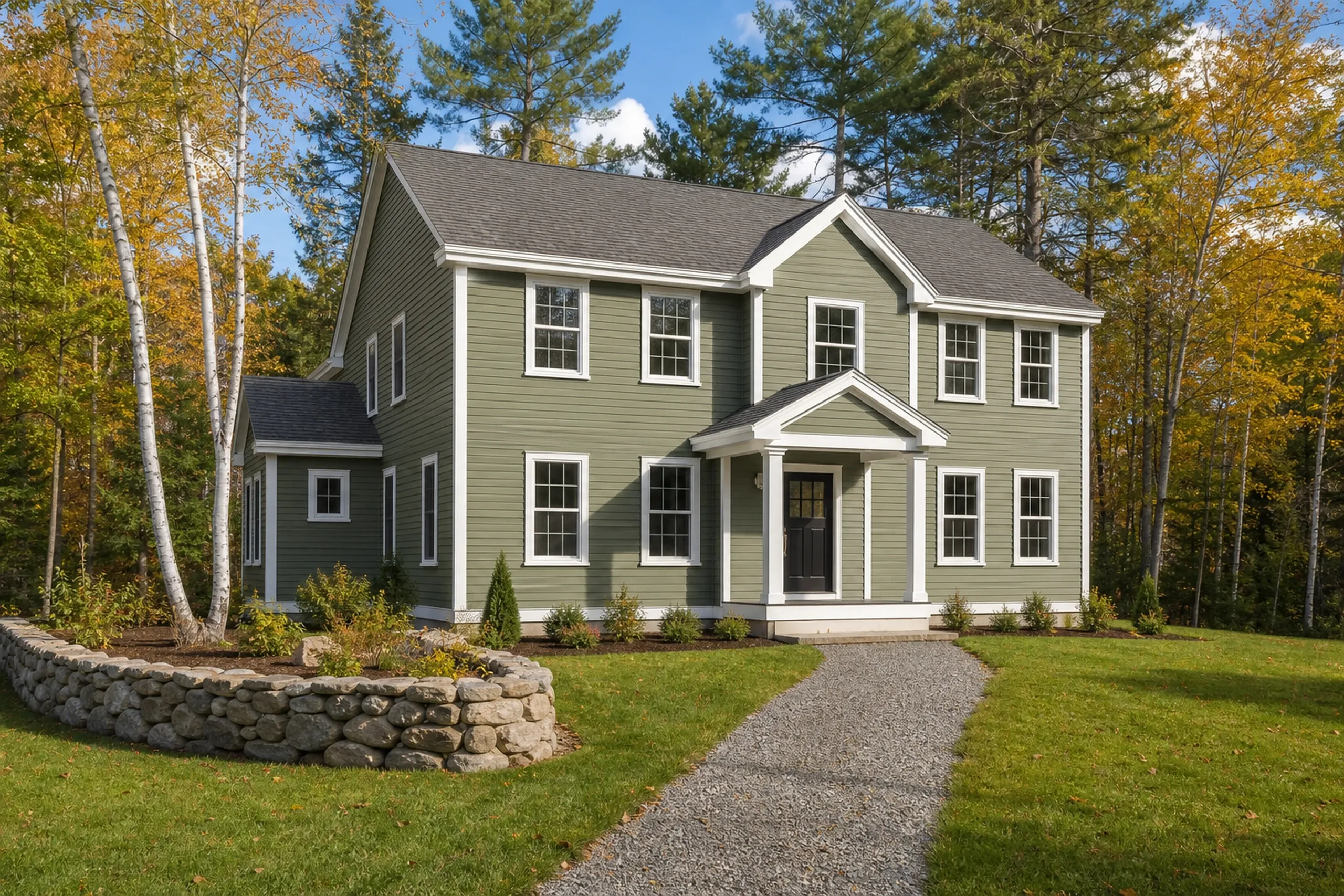 Inland Kennebunk colonial in LP SmartSide: finished sage green engineered wood lap siding with white trim on a two-story house set on a wooded rural lot with a fieldstone wall, early fall.