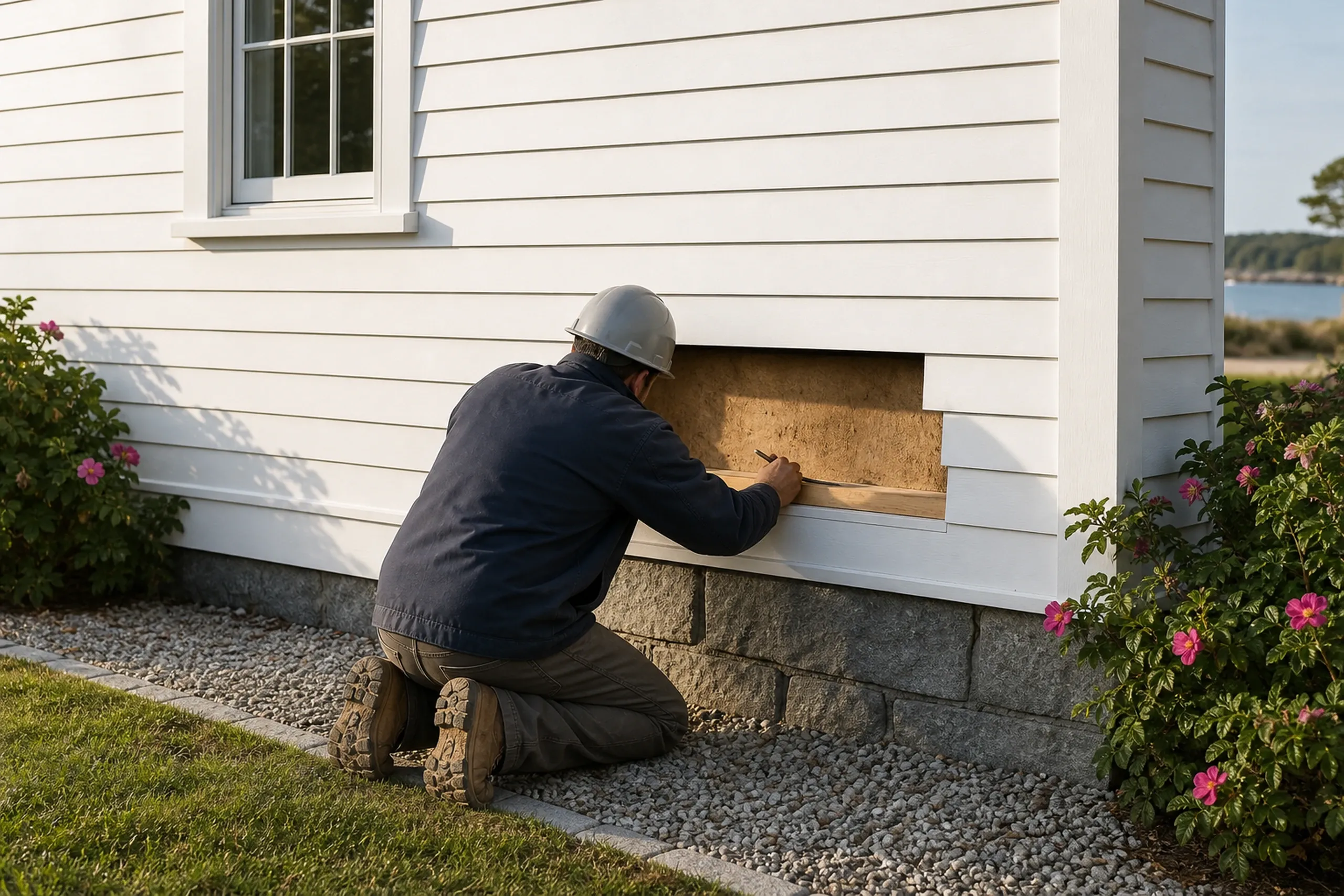 Kennebunk clapboard wall opened at the sill: one installer seen from behind, kneeling at a white clapboard house with three lower boards removed, pressing an awl into the sill and sheathing beneath, early fall light.