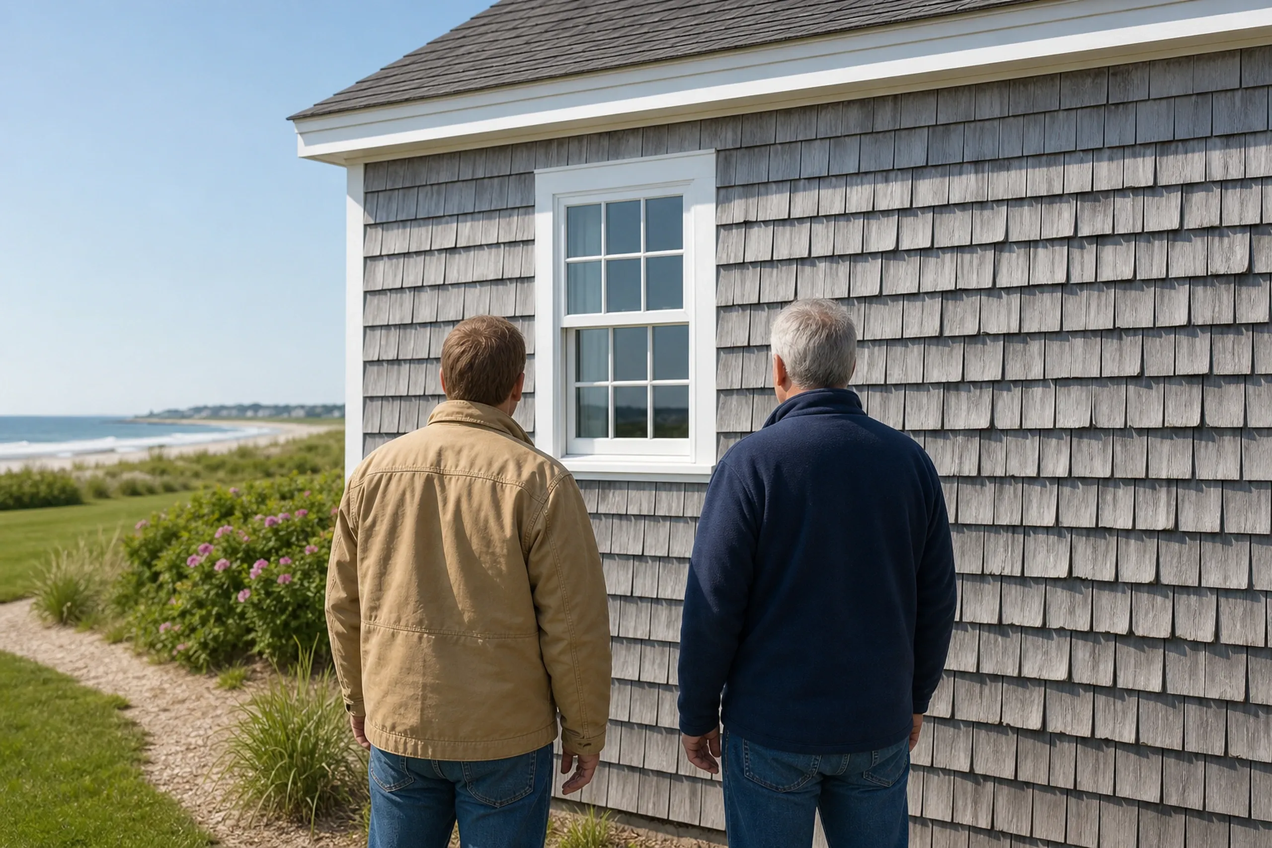 Kennebunk beach cottage first visit, cupped shingles: At a shingled cottage near Kennebunk Beach, two people, a siding installer and a homeowner, seen from behind, stand with hands at their sides before a wall of gray weathered cedar shingles cupped and curling at their lower edges beneath a white window casing, clear late-spring morning light.