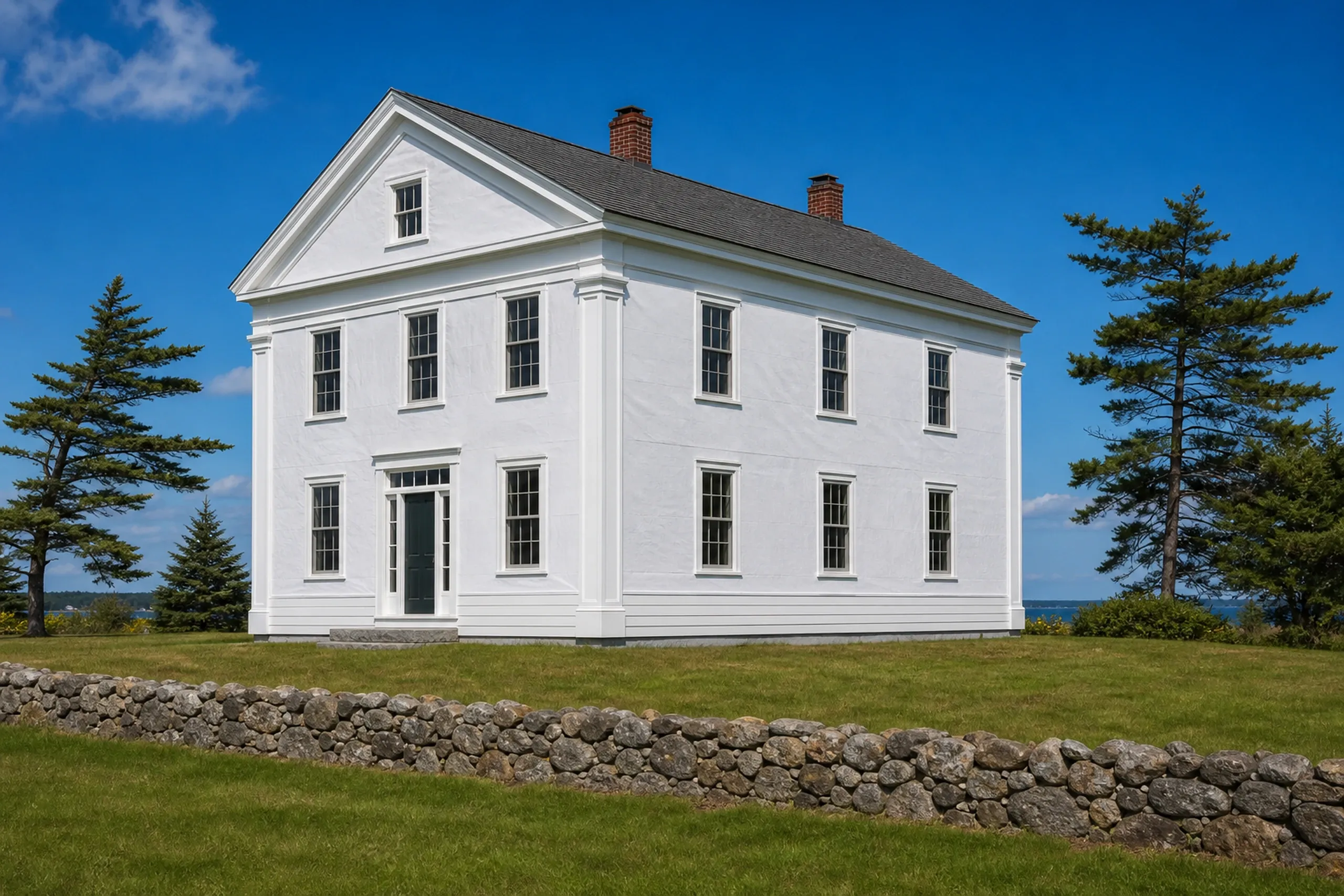 Kennebunk Greek Revival first courses of lap siding stage: At an in-progress first courses of lap siding stage, the gable end of a Kennebunk Greek Revival house stands covered in plain white housewrap with only the lowest three courses of white fiber cement lap boards fastened along its base, tall flashed windows above, bright early-summer afternoon light.