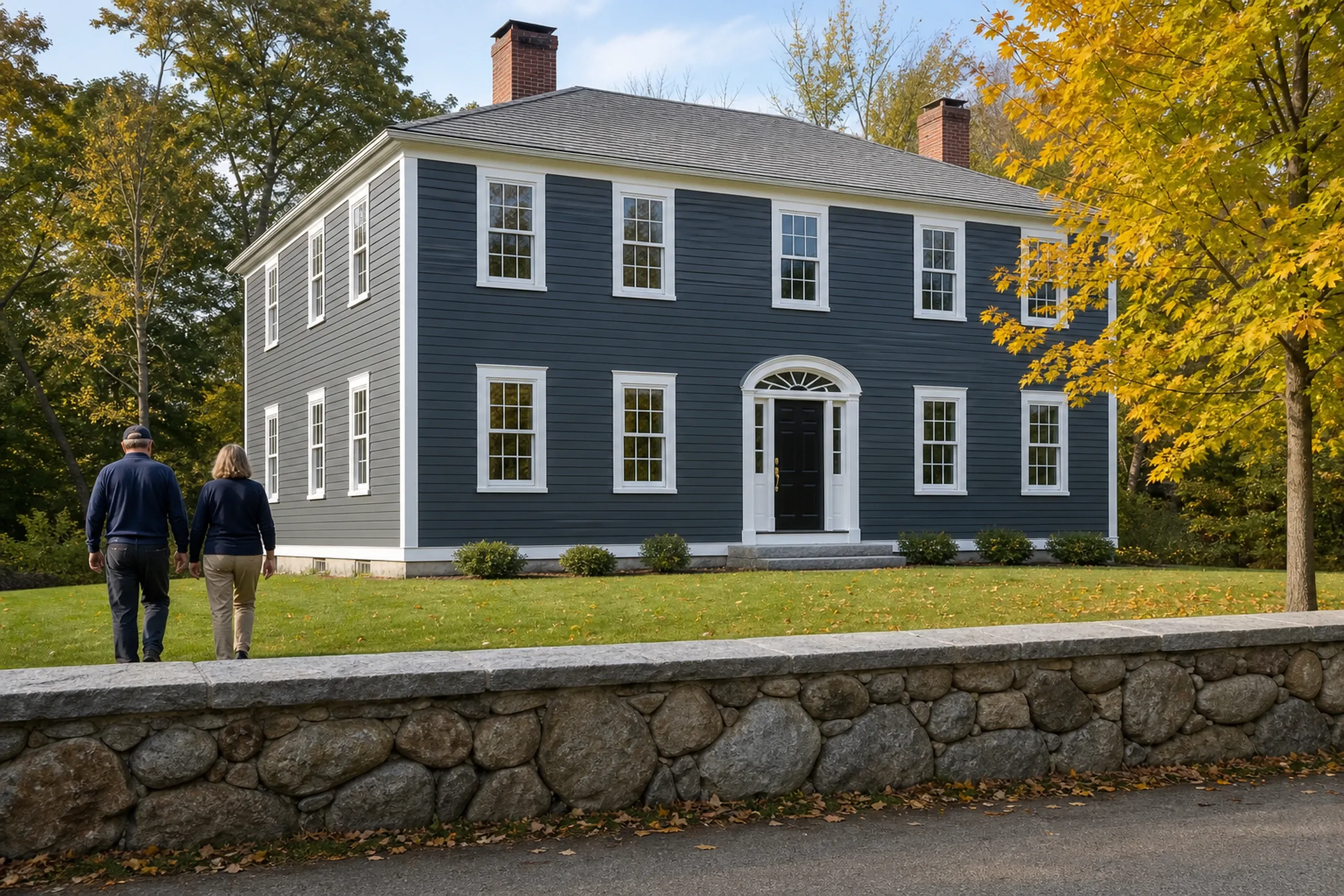 Kennebunk Federal house final walkaround, fiber cement: In crisp early-autumn light, two people, a siding installer and a homeowner, seen from behind, stroll along a re-sided Kennebunk Federal house finished in deep colonial gray fiber cement lap with white corner boards, white window casings and a black front door.