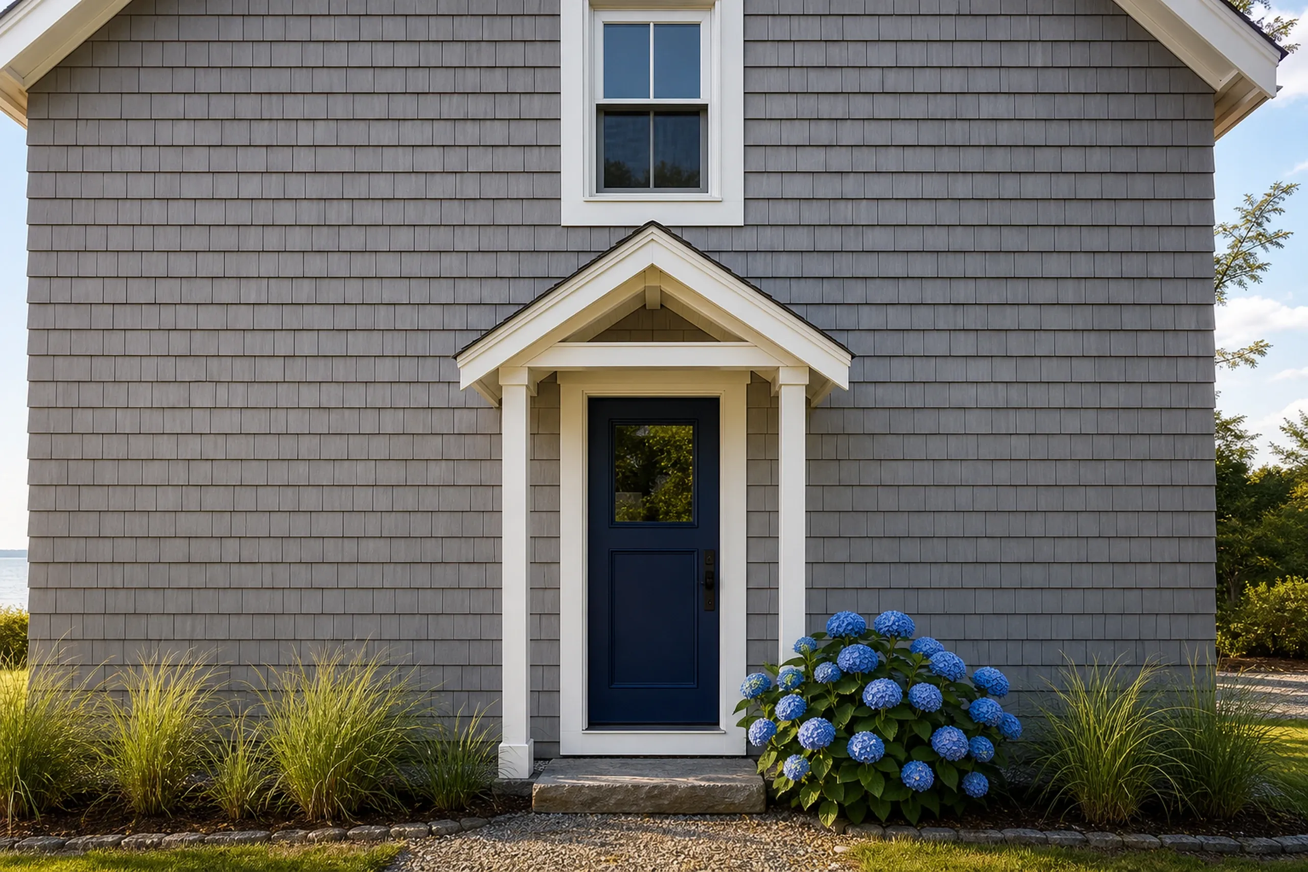 Kennebunk beach cottage front entry, cedar shingles: Tall vertical view of the front entry of a re-sided Kennebunk beach cottage, a navy door with a small glass pane, a flat granite step and the wall around it in driftwood-gray stained cedar shingles with white casings, a blue hydrangea beside the step, warm late-afternoon summer light.