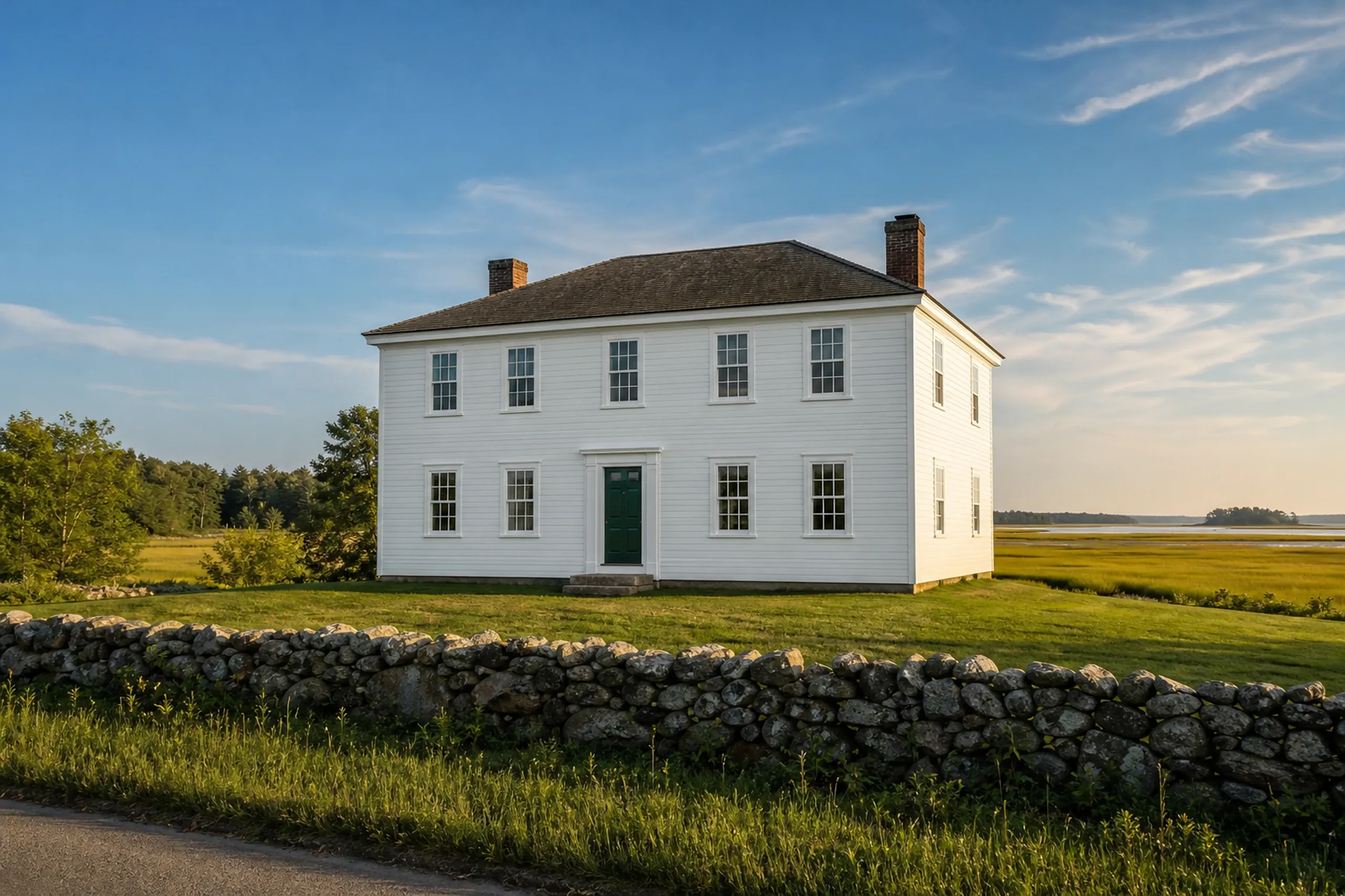 Kittery Point Federal house after re-siding: A re-sided Kittery Point Federal house, five windows wide, in white LP lap siding with a deep green front door and white trim, a stone wall along the lane and tidal marsh grass shining beyond the lawn, warm late-afternoon summer light.
