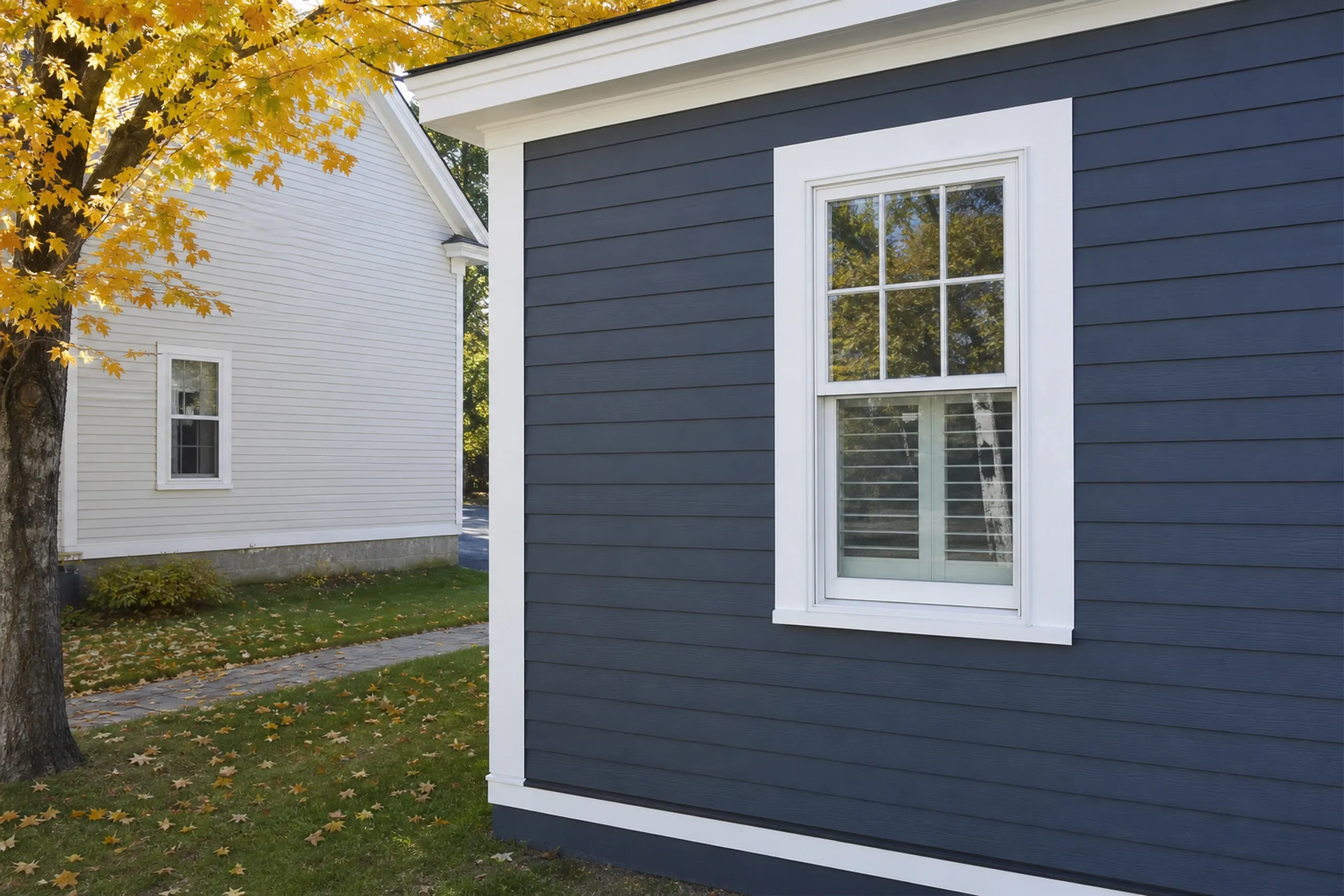 Fiber cement lap siding on a Kittery Foreside house: close view of a corner where painted fiber cement lap boards in deep slate blue meet a wide white corner board and window casing, a neighboring house a few feet away, early fall.