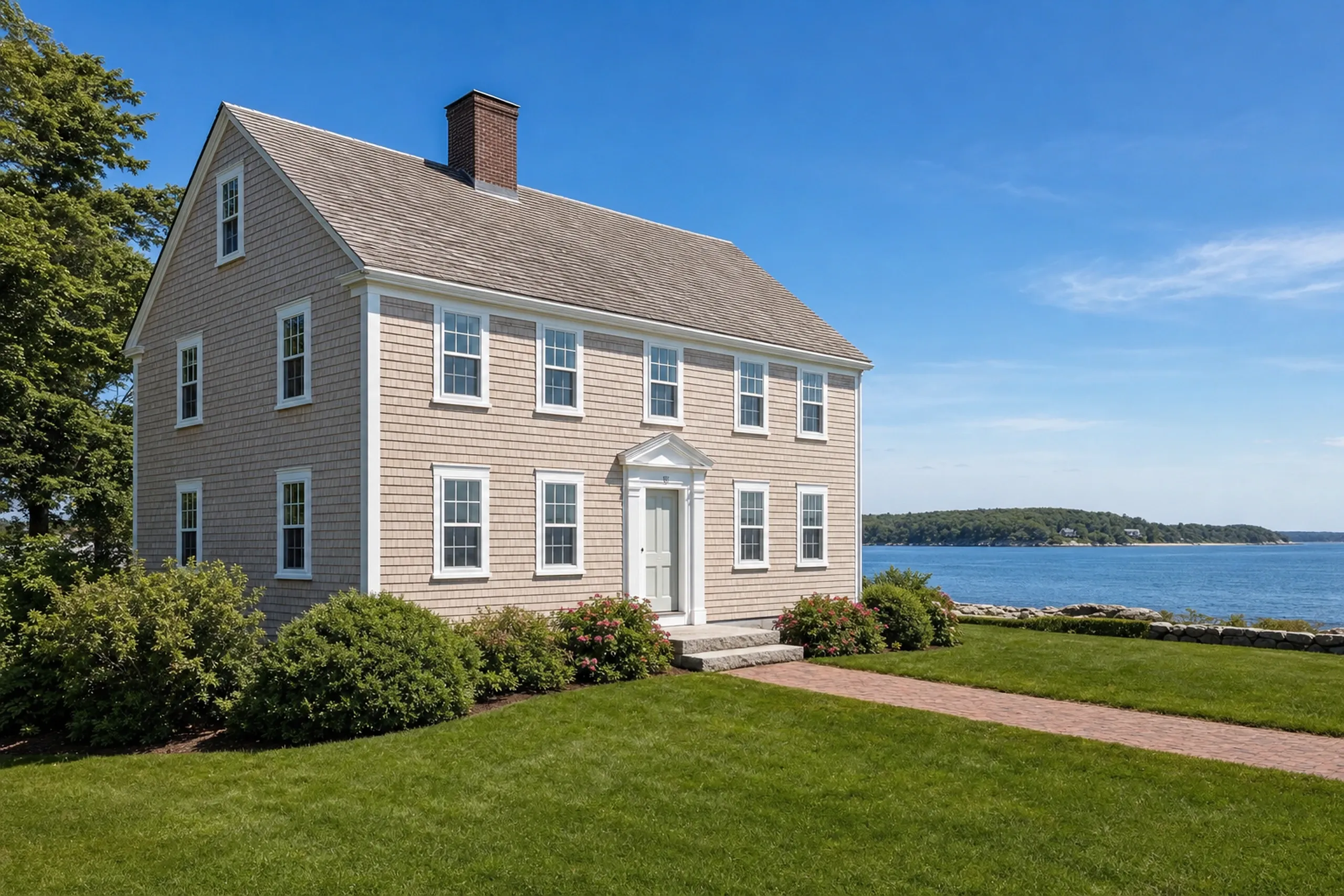 Siding installation in Kittery, ME: a two-story colonial at Kittery Point with finished eastern white cedar shingles just starting to weather toward silver-gray, crisp white trim and corner boards, a granite front step and the harbor beyond, early summer.