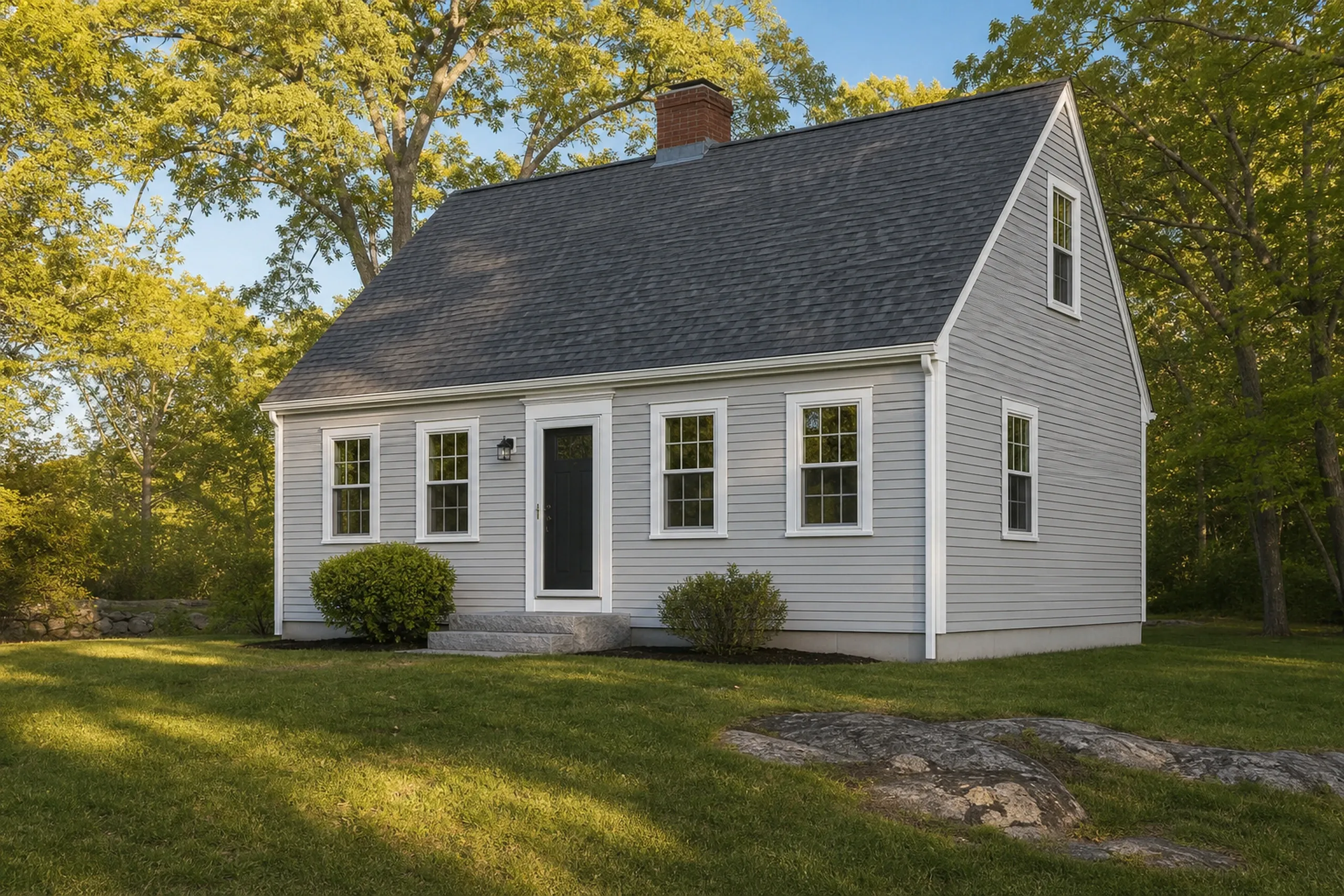 Vinyl siding on an inland Kittery, ME home: a mid-century cape with finished light gray vinyl lap siding, white trim and corner boards, a lawn and oak trees around it, late spring.