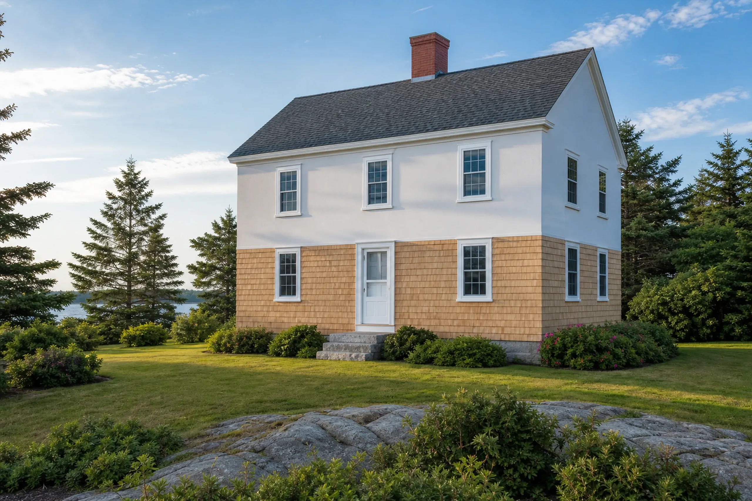Cedar shingle courses at Kittery Point, Maine: fresh eastern white cedar shingles going up course by course over housewrap on a colonial wall, straight butt lines and a white window casing, bright summer light.