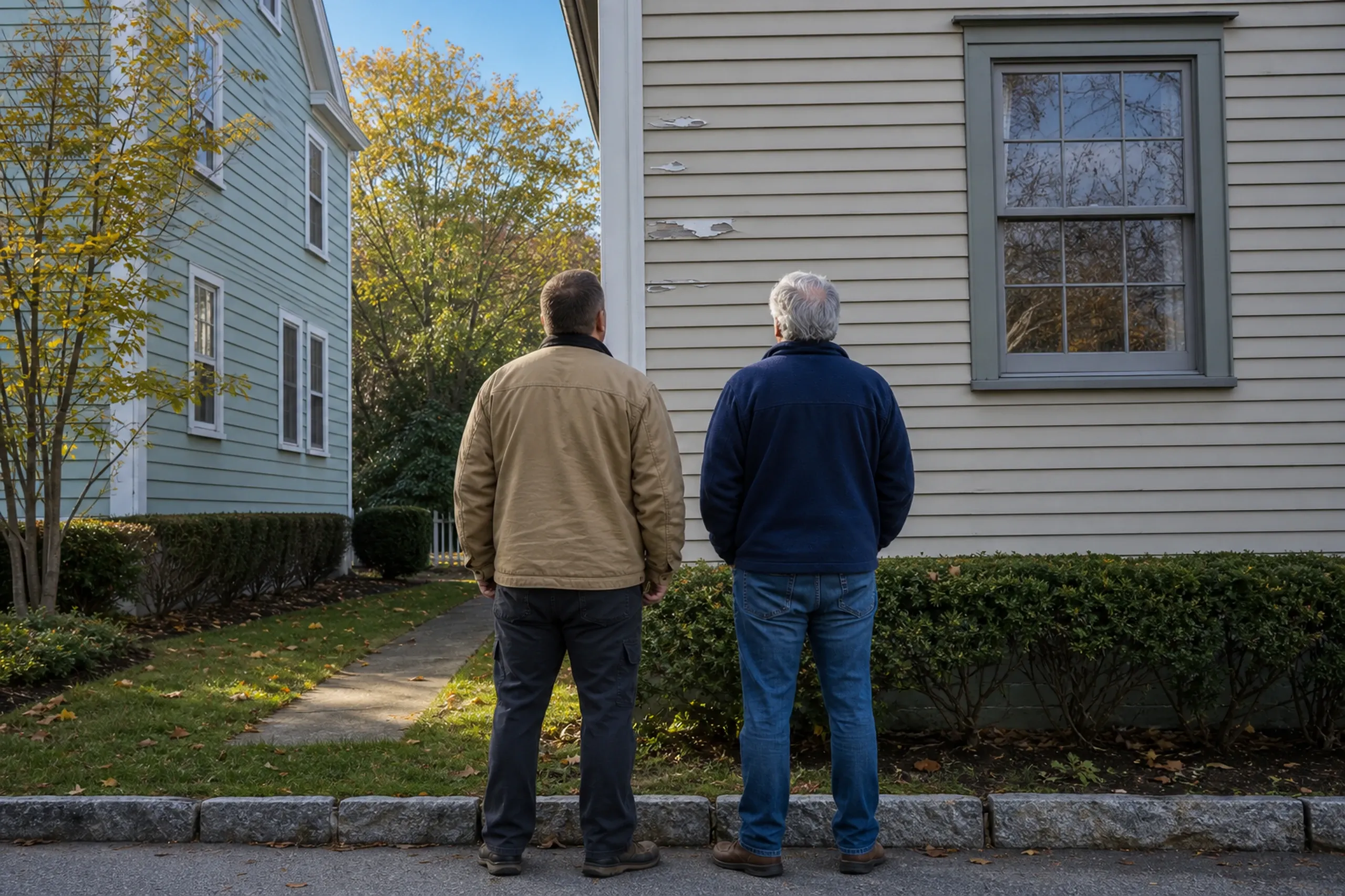 Kittery Foreside first visit, cracked clapboards: On a close-set Kittery Foreside street, two people, a siding installer and a homeowner, seen from behind, stand with hands at their sides before a two-story clapboard house, studying a cracked board and flaking paint near the corner a few feet from its neighbor, cool clear October morning light.