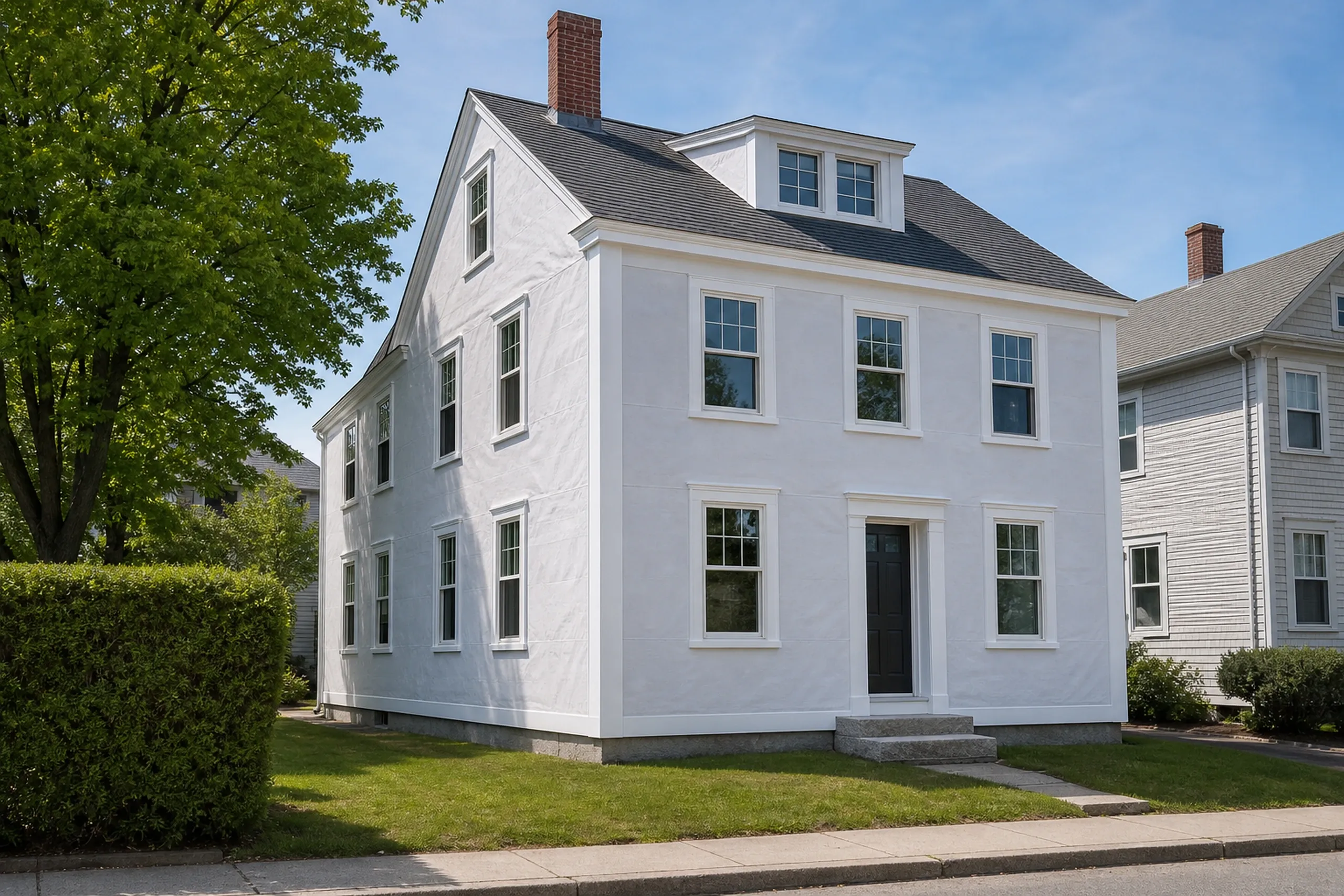 Kittery Foreside corner board and trim stage: On a Kittery Foreside house set close to its neighbor, an in-progress corner board and trim stage shows plain white housewrap across the side wall with wide new white corner boards and deep window casings in place and the housewrap otherwise unbroken, clear late-spring morning light.