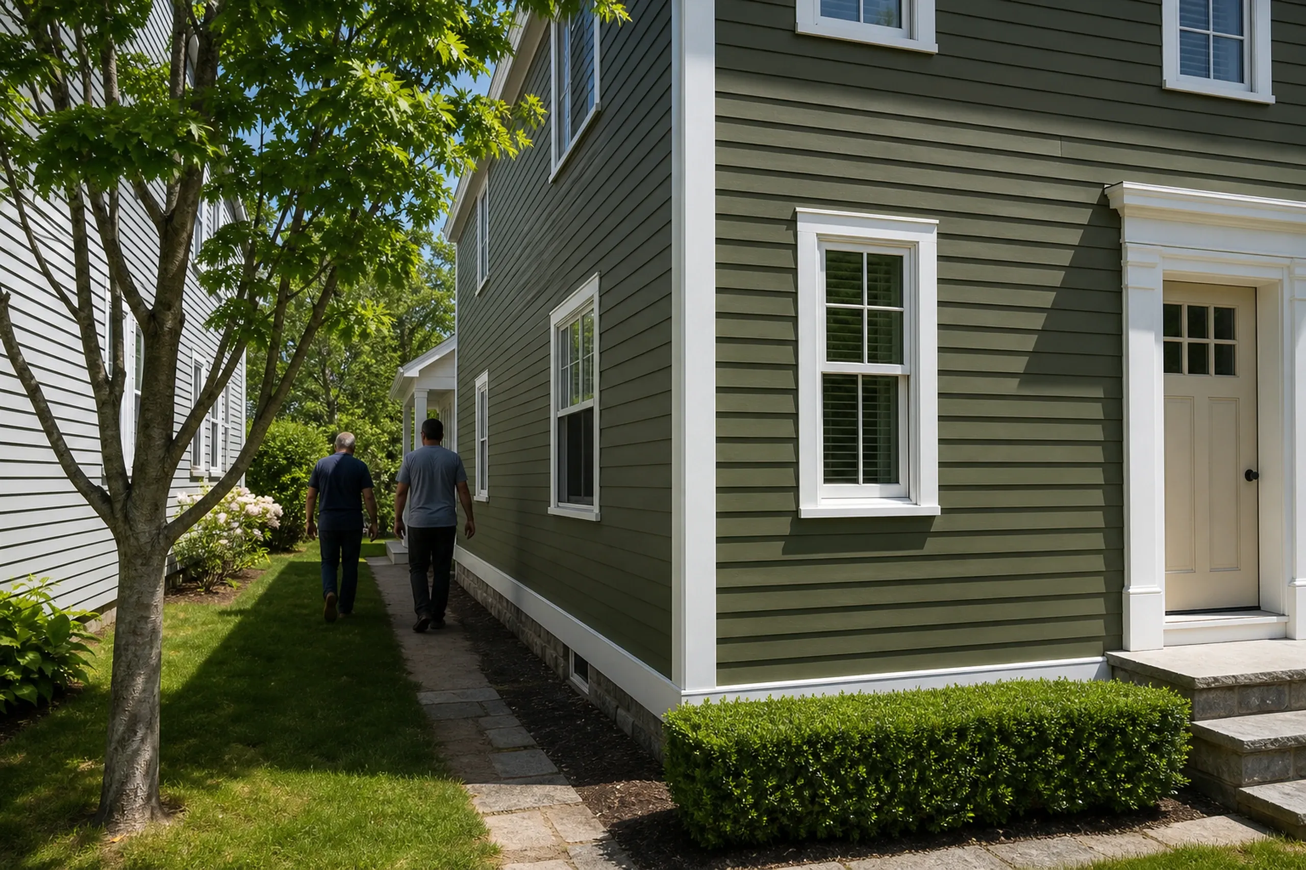 Kittery Foreside final walkaround, olive fiber cement: In bright early-summer afternoon light, two people, a siding installer and a homeowner, seen from behind, walk beside a re-sided Kittery Foreside house finished in deep olive fiber cement lap with wide white corner boards, deep white window casings and a cream front door, its neighbor close alongside.