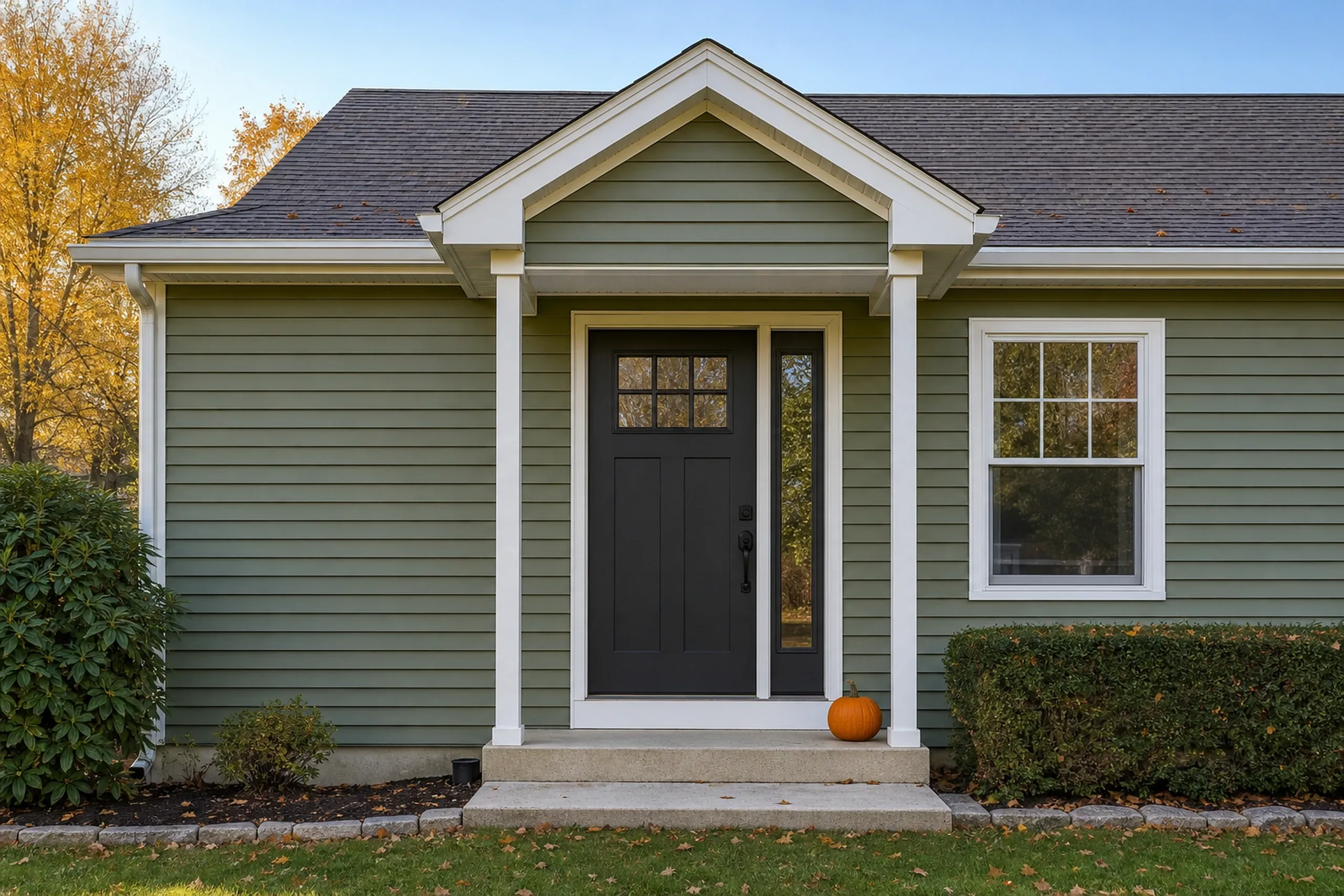 Kittery ranch front entry, pine green vinyl lap: Tall vertical view of the front entry of a re-sided Kittery ranch, a charcoal door with a tall sidelight, a pale concrete step with a pumpkin beside it and the wall around it in muted pine-green vinyl lap with white corner boards and trim, crisp early-autumn light.