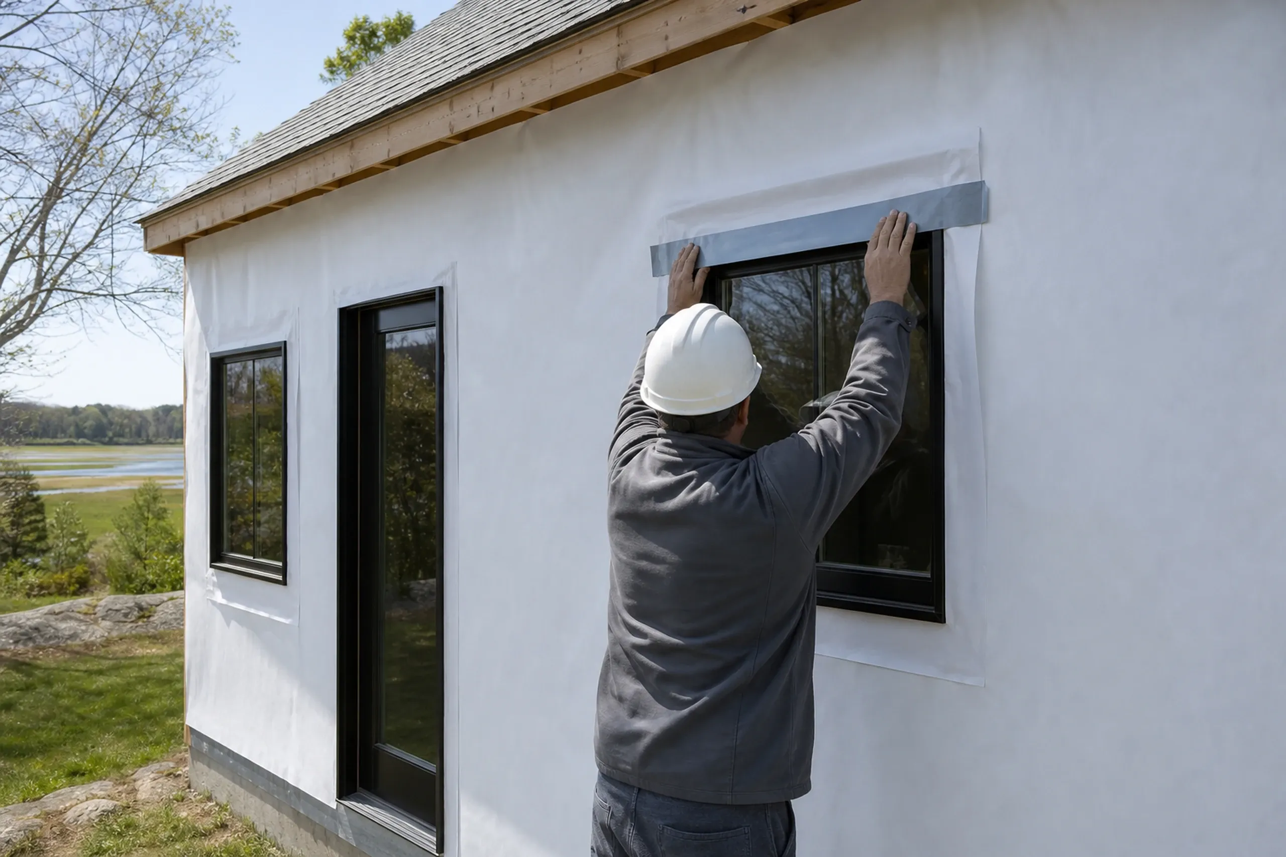 Kittery window flashing on a salt-exposed wall: one installer seen from behind, pressing flashing tape across the head of a window on a wall stripped to sheathing and covered in plain white housewrap, salt marsh grass in the distance, late spring.