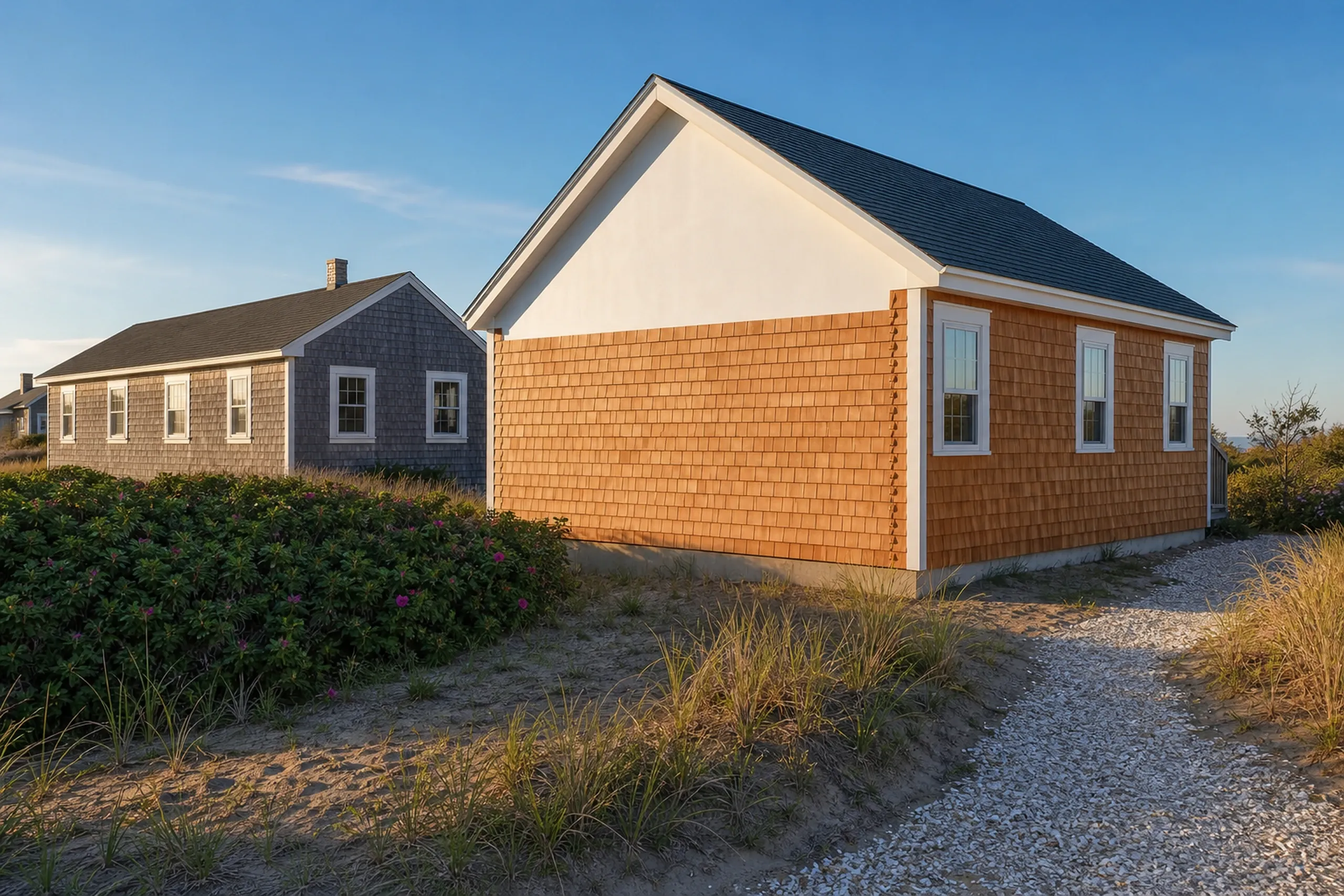 Cedar shingle courses in Old Orchard Beach, ME: fresh light-tan cedar shingles going up course by course on a cottage gable over white housewrap, staggered butts and a woven corner, blue late-spring sky