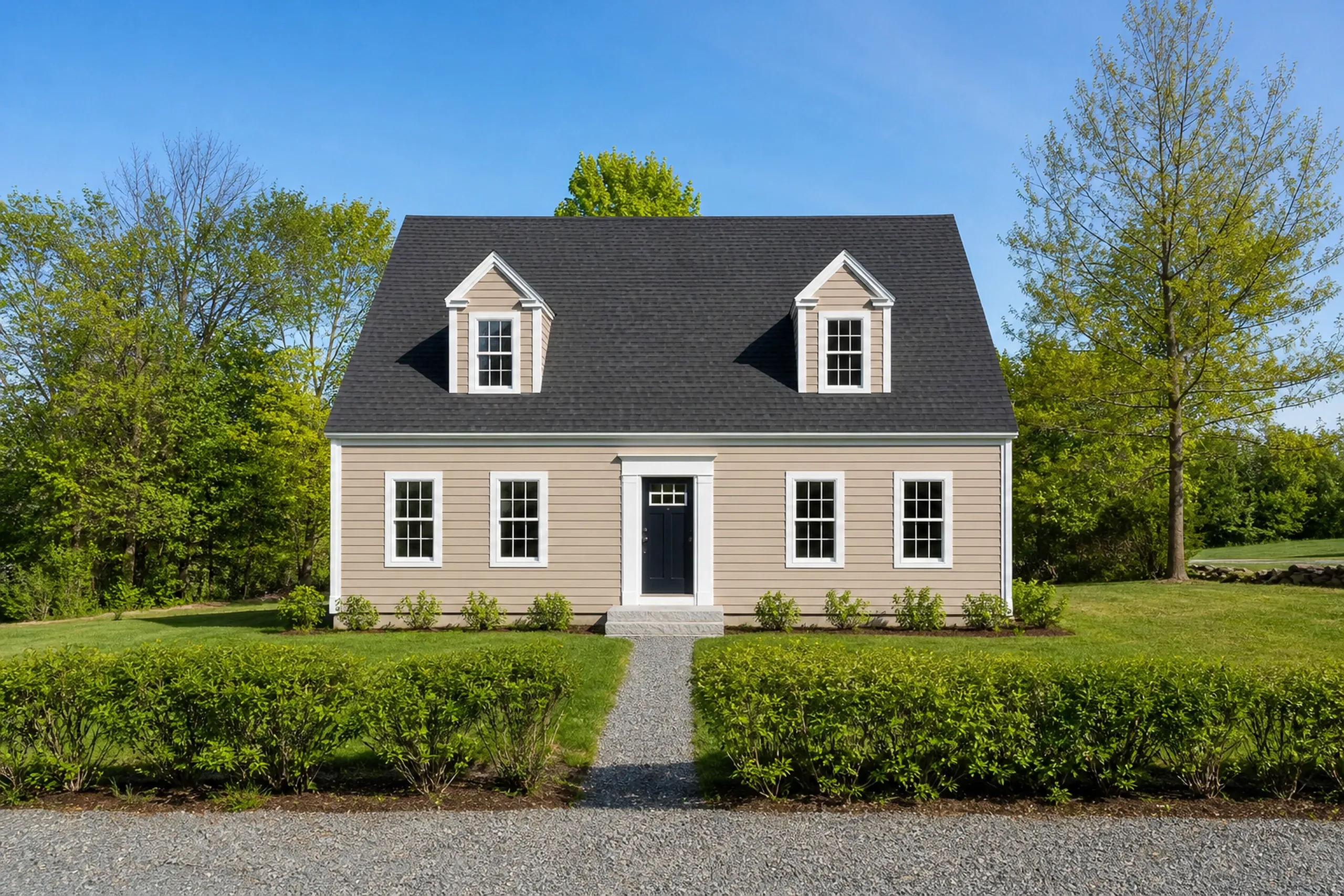 Old Orchard Beach re-sided cape in late spring: a re-sided year-round cape a few blocks from the beach, warm sand fiber cement lap siding with white trim, a small front lawn, hydrangeas starting to leaf and a low beach-rose hedge, clear late-spring morning light.