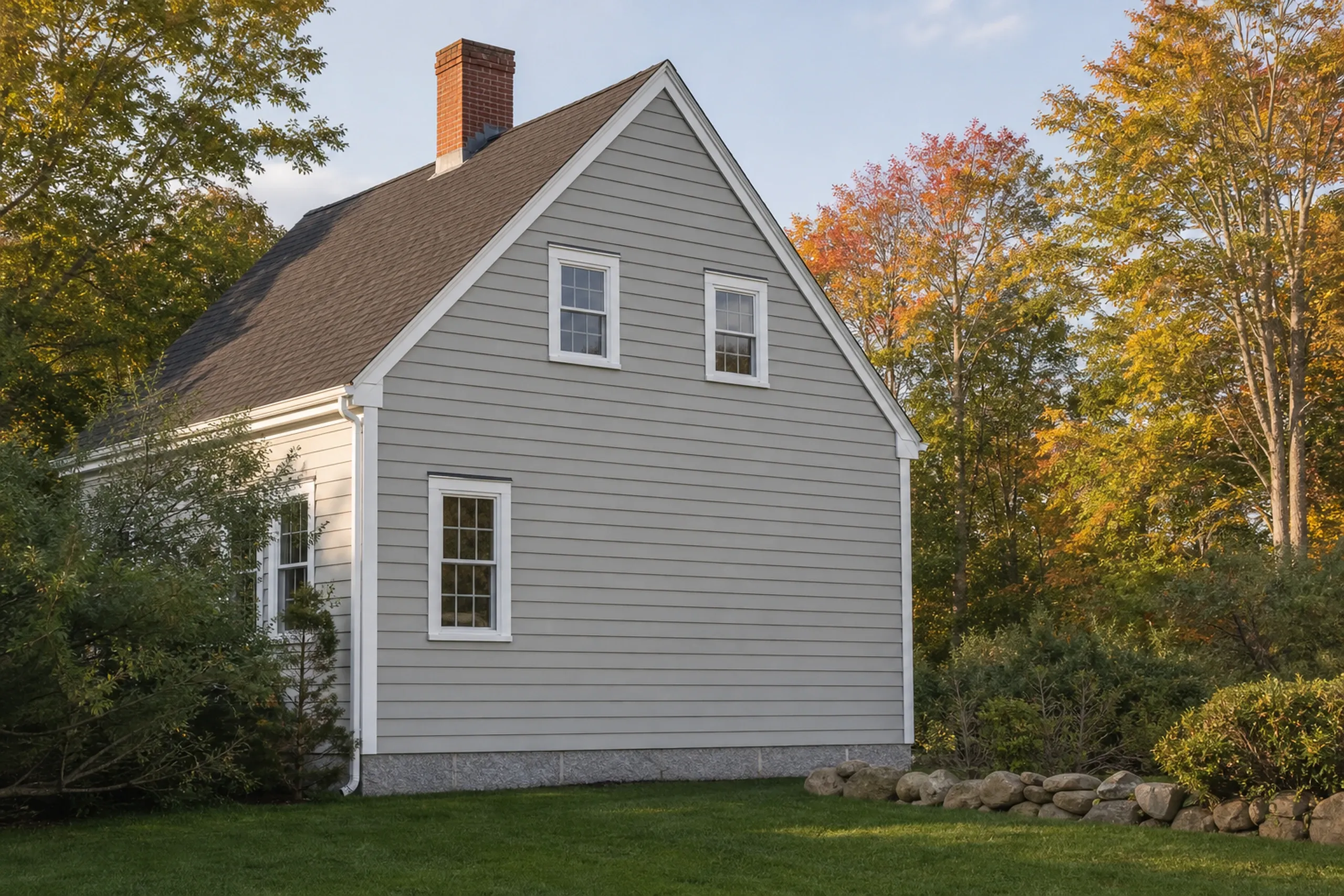 Hardie siding on a year-round Old Orchard Beach house: a cape inland from the beach finished in pale gray fiber cement lap siding with crisp white trim and a flashed window, green lawn, early fall