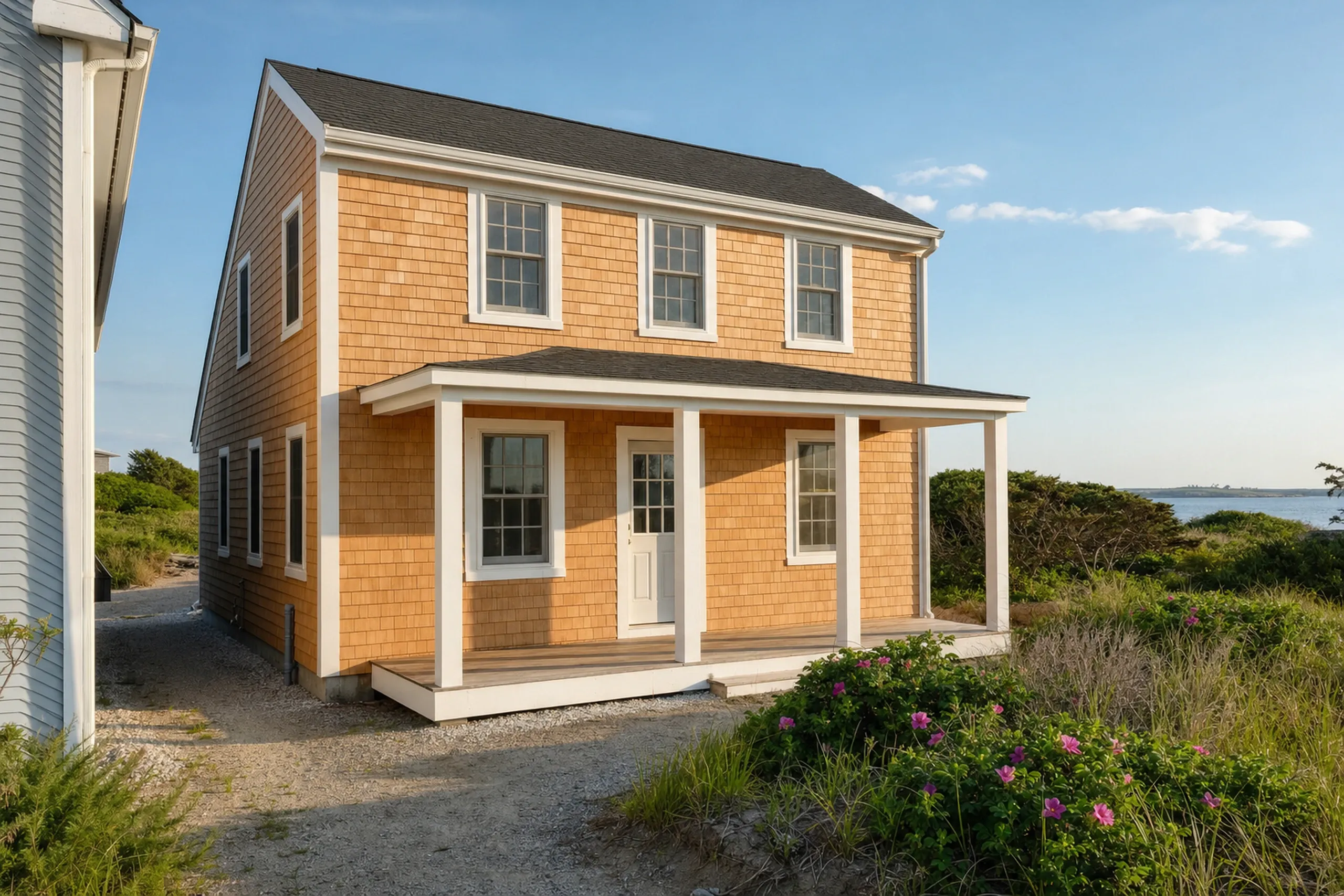 Siding installation in Old Orchard Beach, ME: a small two-story beach cottage finished in new natural cedar shingles with crisp white corner boards and window trim, a narrow side yard beside the next cottage, clear summer afternoon