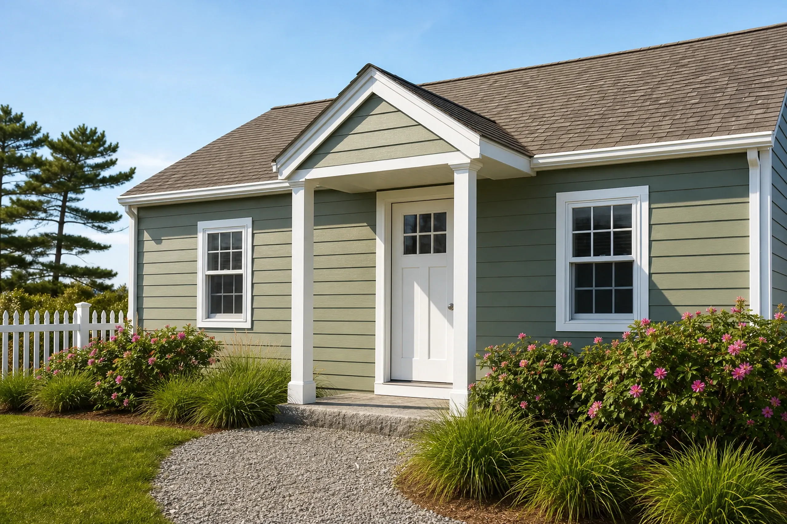 LP siding on an Old Orchard Beach rental: a converted seasonal cottage finished in sage green LP SmartSide lap siding with white corner boards and a small covered entry, midsummer