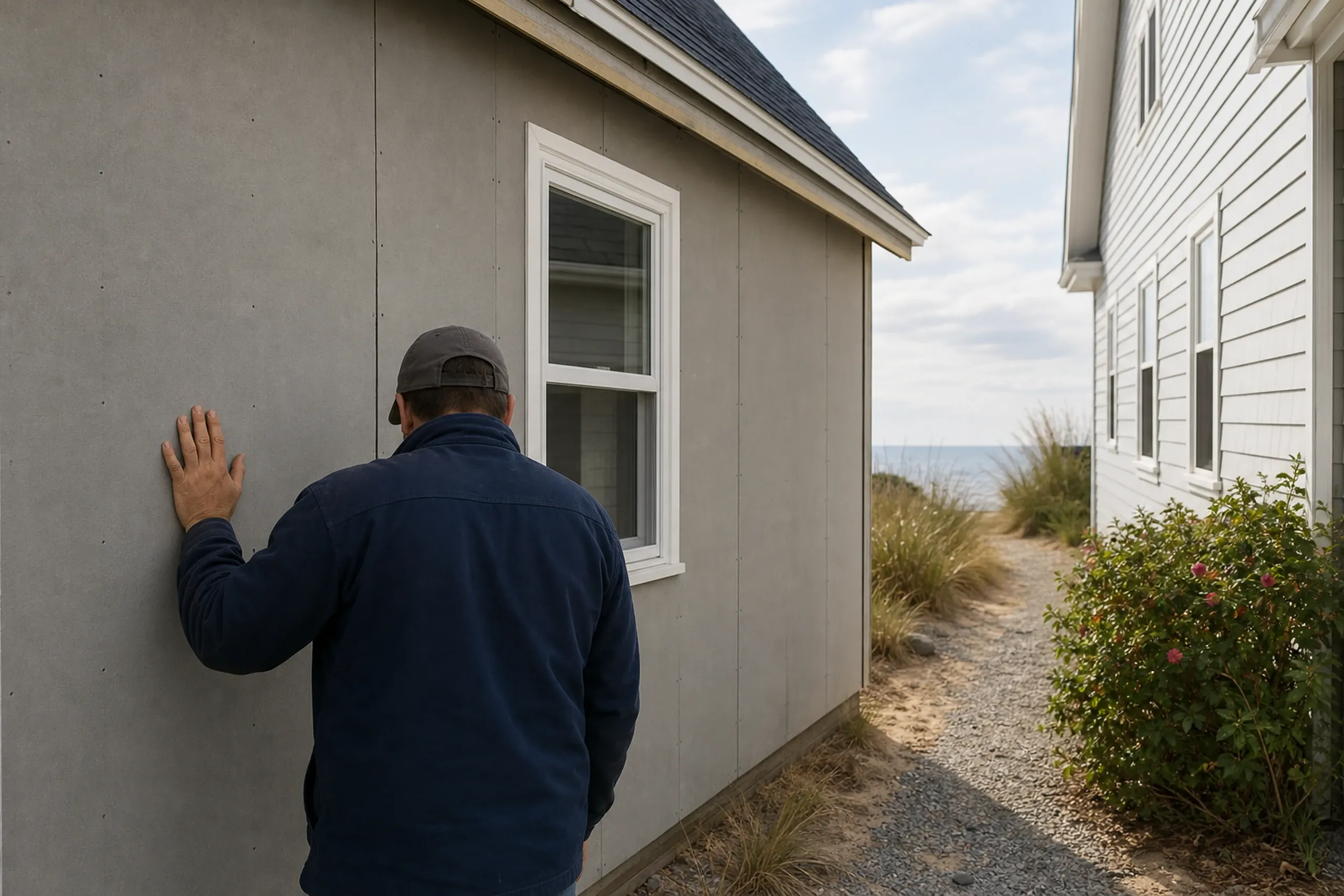 Old Orchard Beach side-yard wall check: one installer seen from behind pressing a hand against bare gray sheathing on a stripped cottage wall a few feet from the neighboring house, early fall light