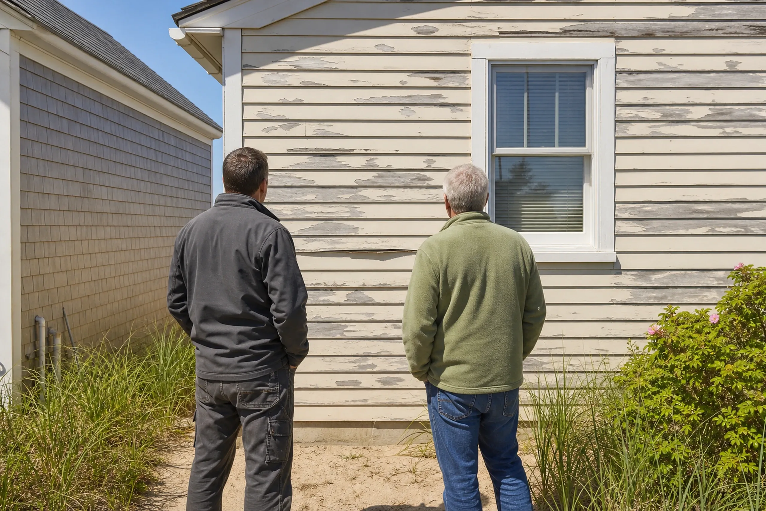 Old Orchard Beach first visit at a tight-lot cottage: two people, a siding installer and a homeowner, seen from behind, stand in the narrow side yard facing the wall of a small beach cottage where the painted clapboards are peeling to gray and one board below a window has split, bright early-summer afternoon light.
