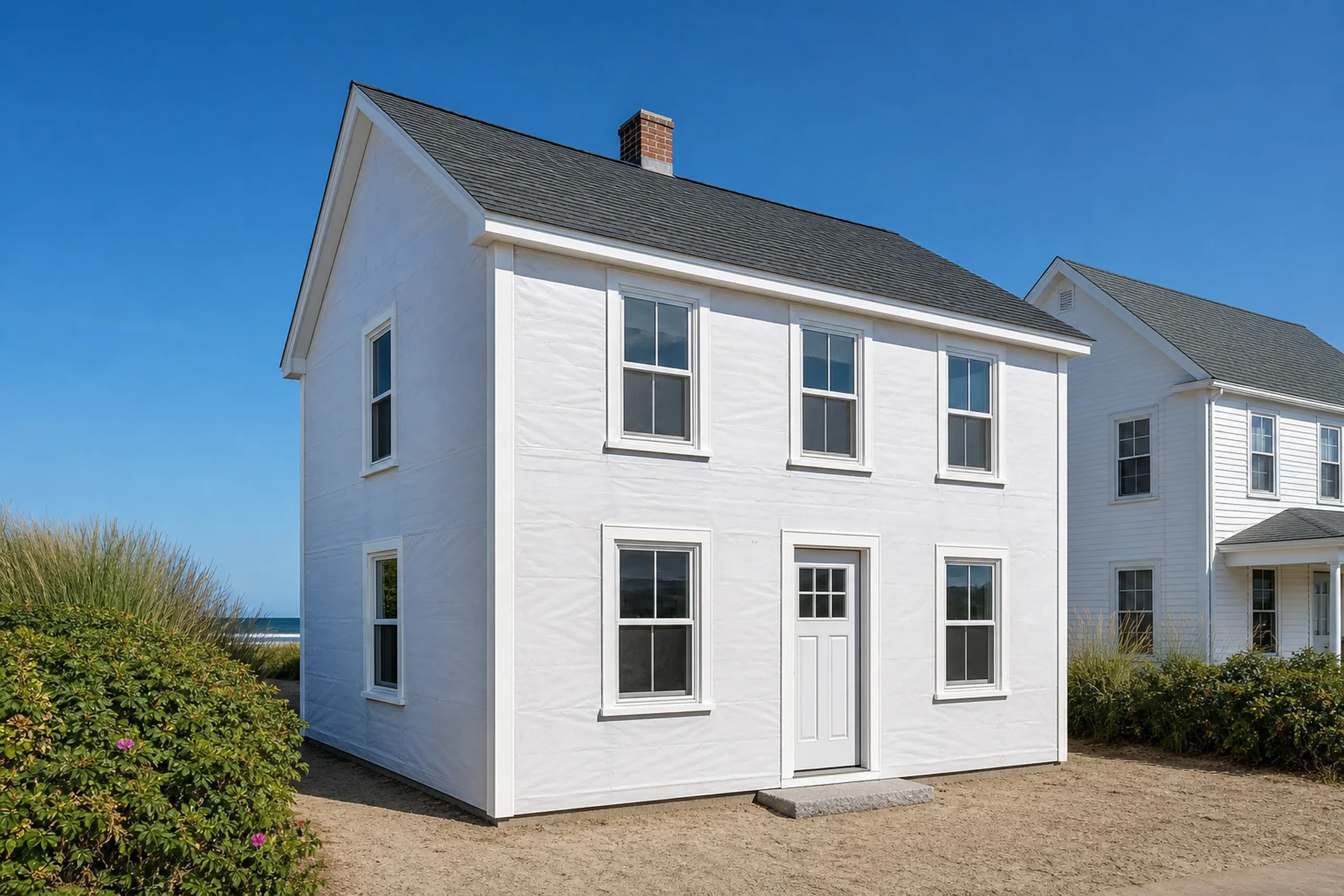 Old Orchard Beach corner board and trim stage: the front wall of a small two-story beach cottage at the corner board and trim stage, in-progress, with plain white housewrap across the wall, white corner boards and window casings fitted, a narrow side yard and the next cottage close beside it, crisp early-autumn light.