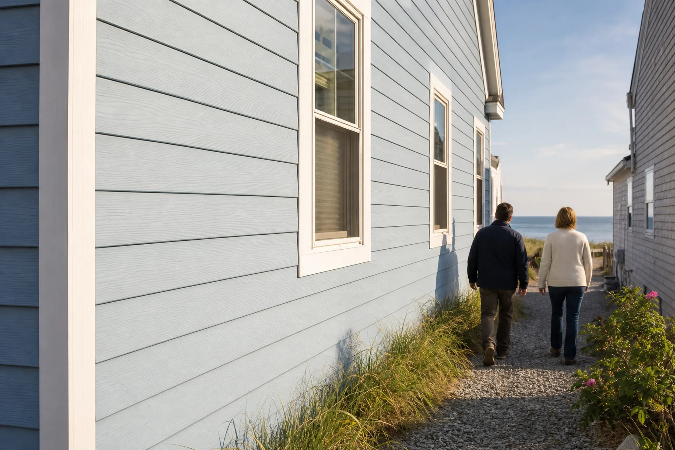 Old Orchard Beach final walkaround at the cottage: two people, a siding installer and a homeowner, seen from behind, walk the narrow side yard beside the re-sided cottage, new pale sky-blue vinyl lap siding with white corner boards and window trim, warm late-afternoon summer light.