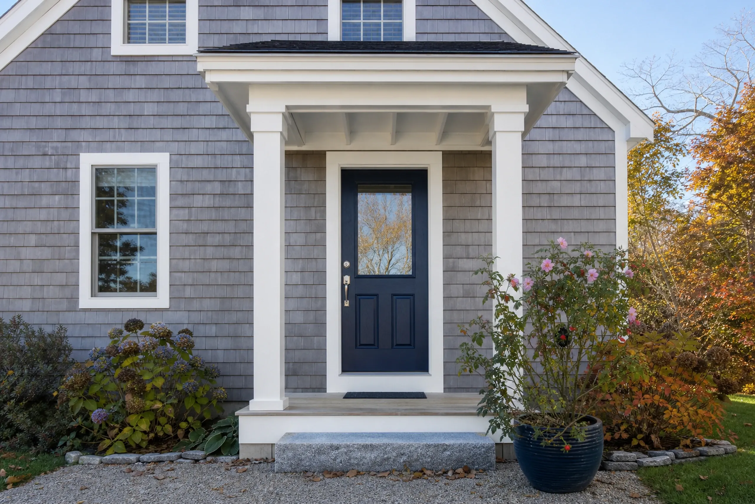 Old Orchard Beach front entry on a re-sided cottage: vertical front-entry view of a re-sided Old Orchard Beach cottage in weathered gray cedar shingles, white trim around a navy blue door with a small glass panel, one granite step and a pot of rugosa roses, cool clear October morning light.