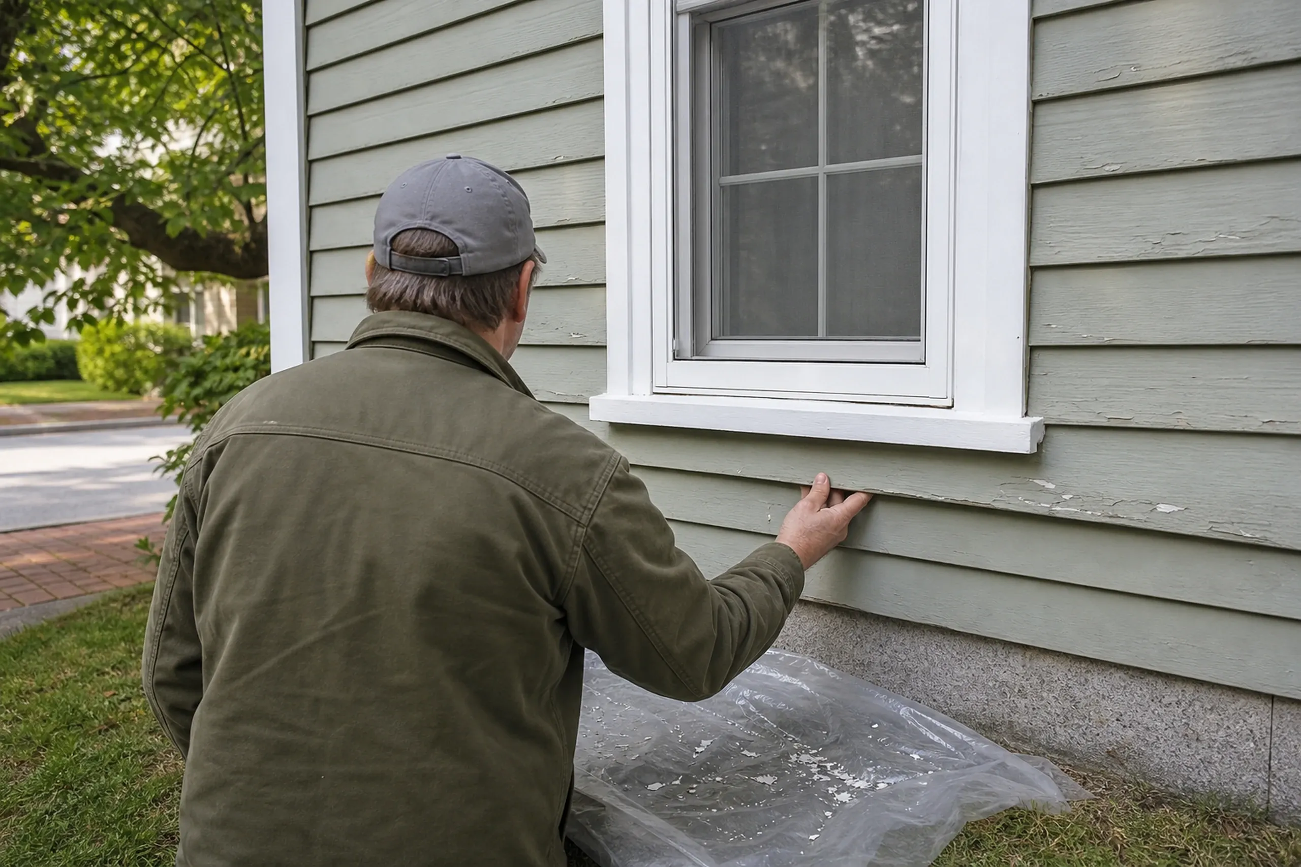 Portland siding check on an old peninsula house: one installer seen from behind, lifting a course of old painted clapboard below a first-floor window sill to look at the boards beneath, a plastic sheet spread on the ground to catch paint chips, late spring.
