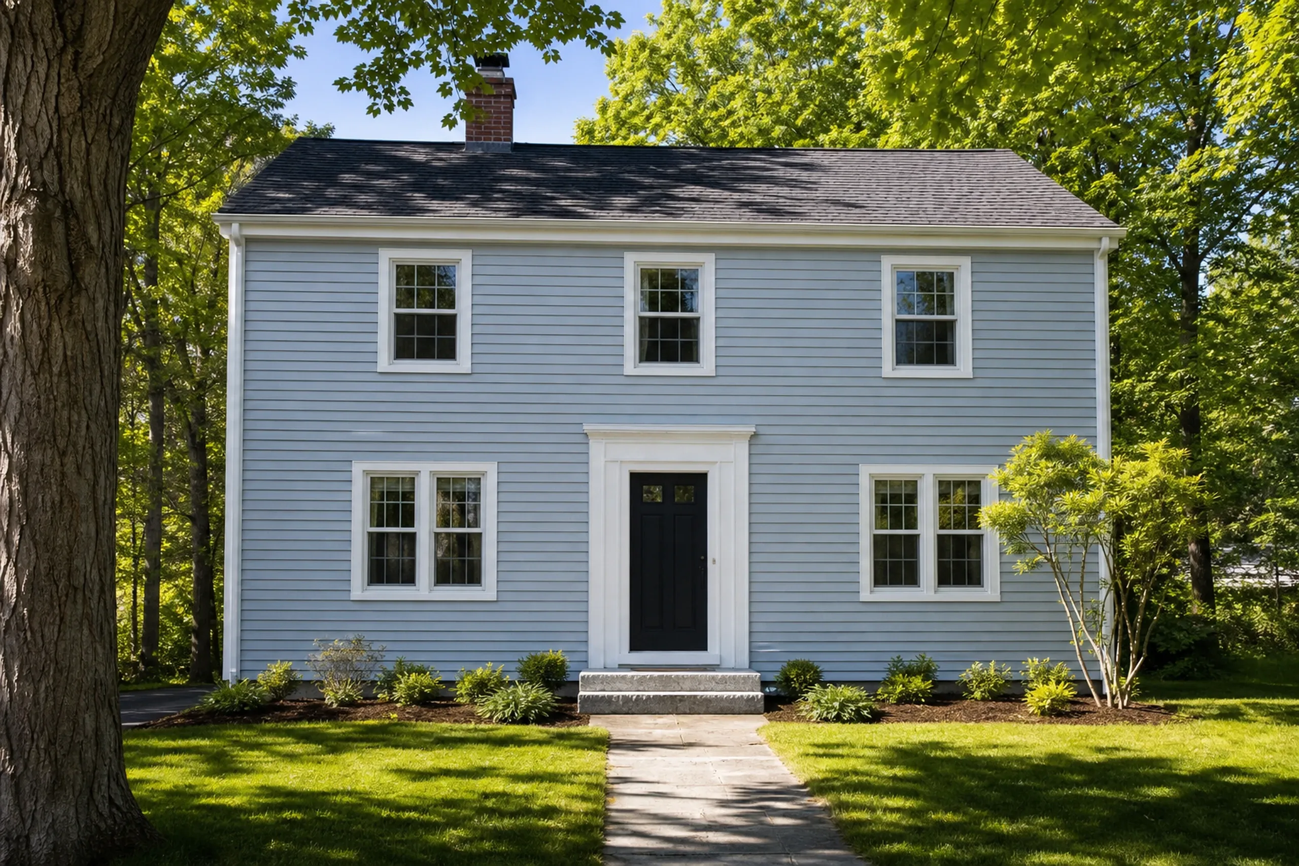 Vinyl siding on a postwar house in Portland's Deering neighborhood: a 1950s two-story home finished in pale blue vinyl lap siding with white trim and corner boards, a small front lawn and maple trees, late spring.
